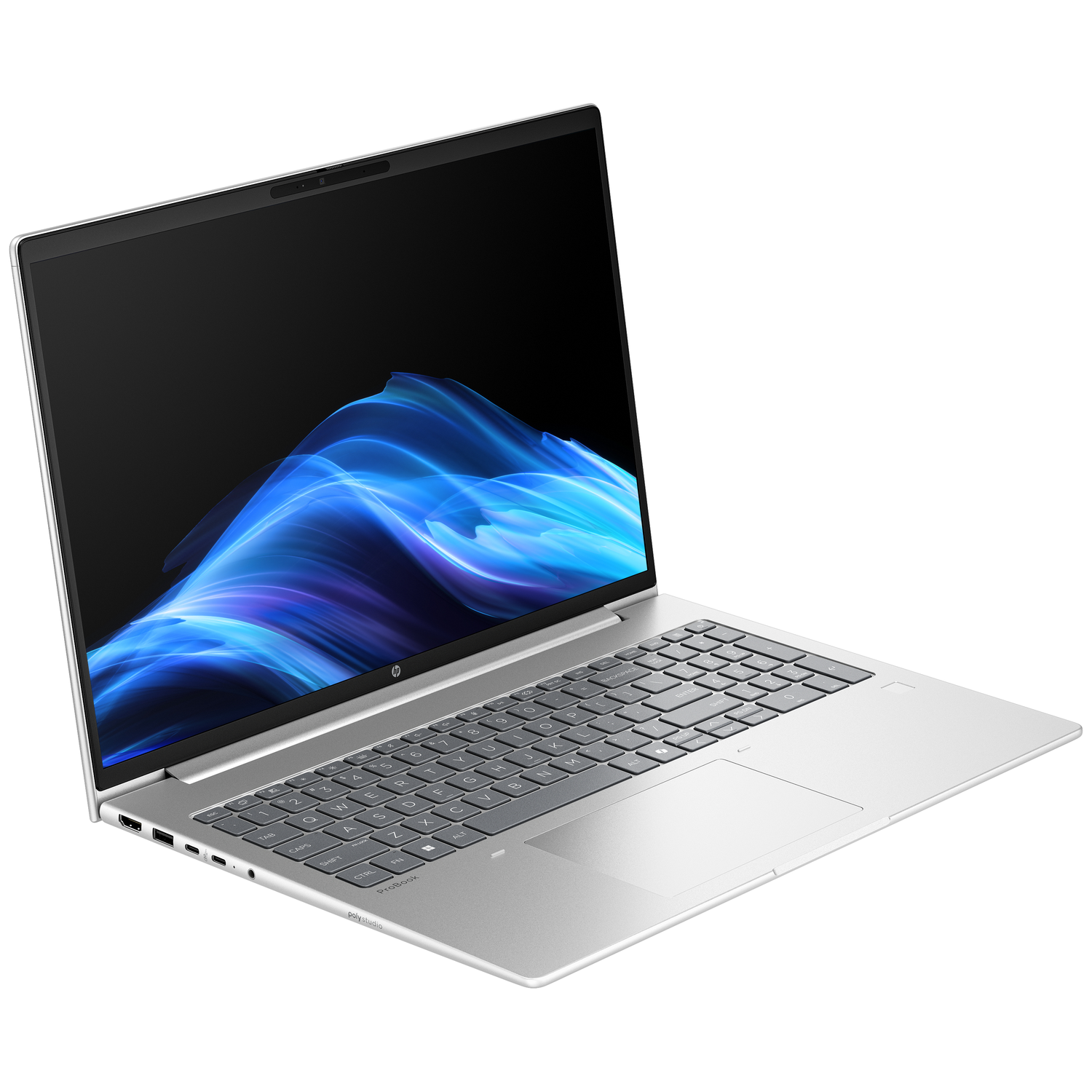 Een zilveren laptop met een donker scherm met een blauw abstract patroon.