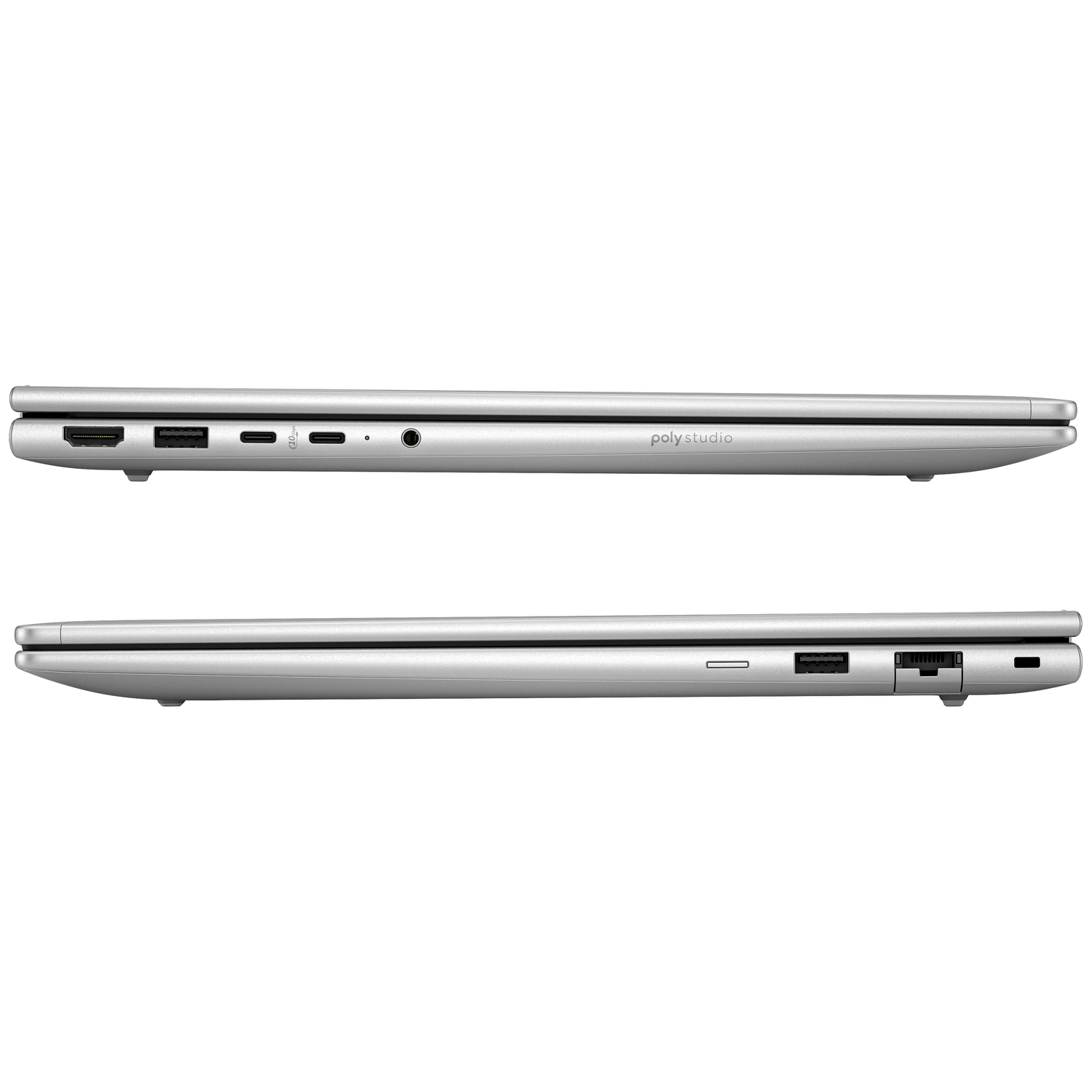 Zilveren laptop met poorten: HDMI, USB-A, USB-C, audiostekker en netwerkpoort.