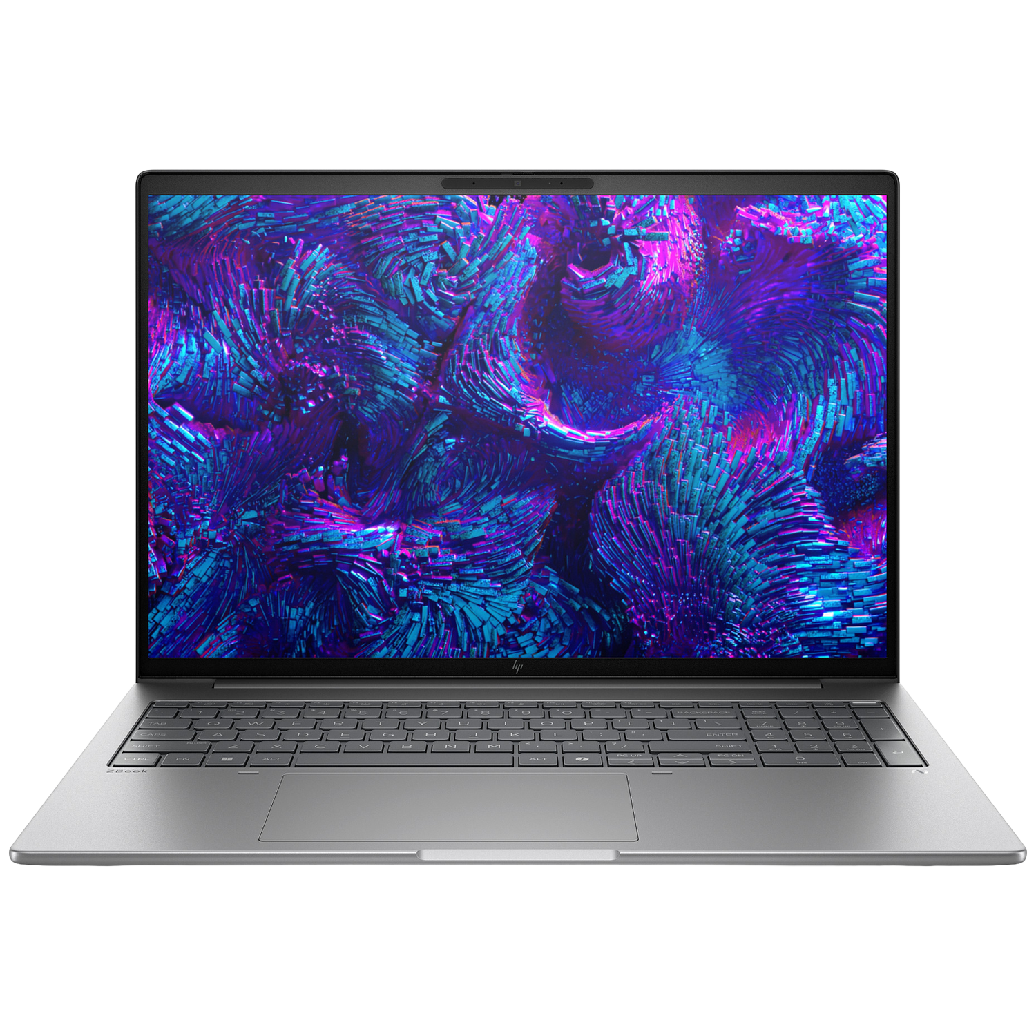 Een zilveren laptop met een kleurige, abstracte achtergrond op het scherm.