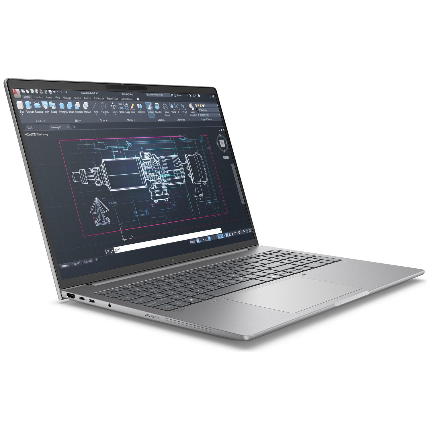 Een zilveren laptop met een technische blauwdruk op het donkere scherm.