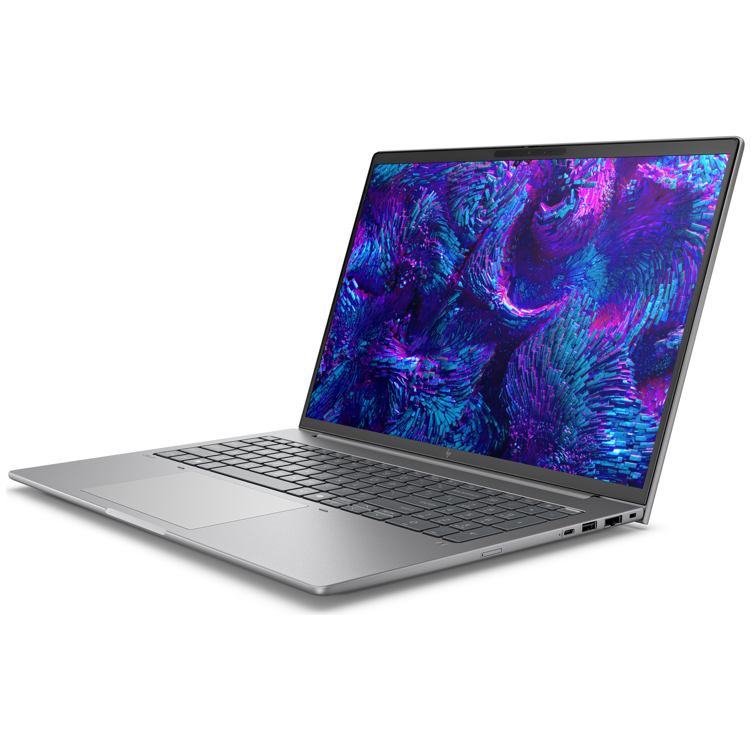 Zilveren laptop met levendige abstracte achtergrond op het scherm.