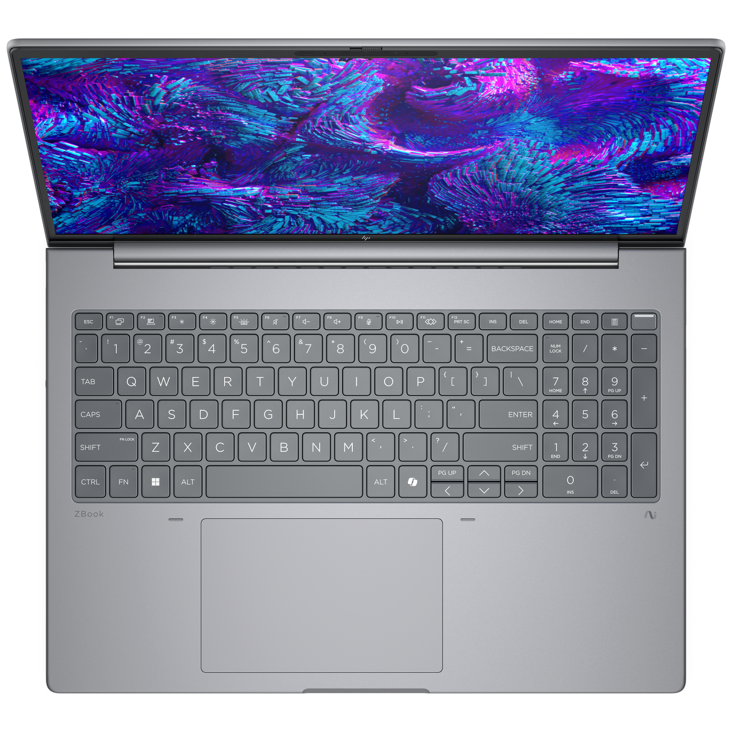 Een open laptop met een kleurrijke, abstracte achtergrondafbeelding op het scherm.