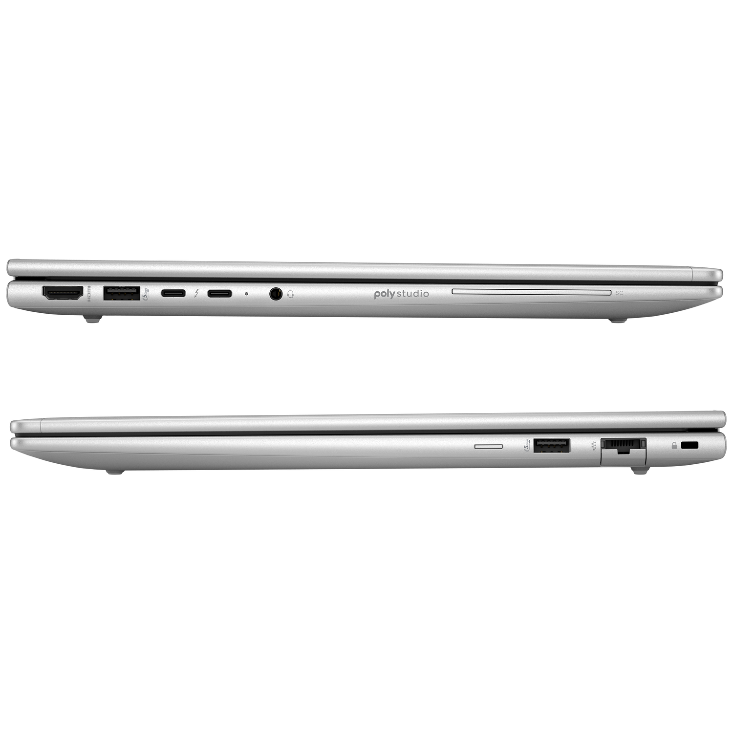 Bovenaanzicht van een gesloten zilveren laptop met poorten aan de zijkant.