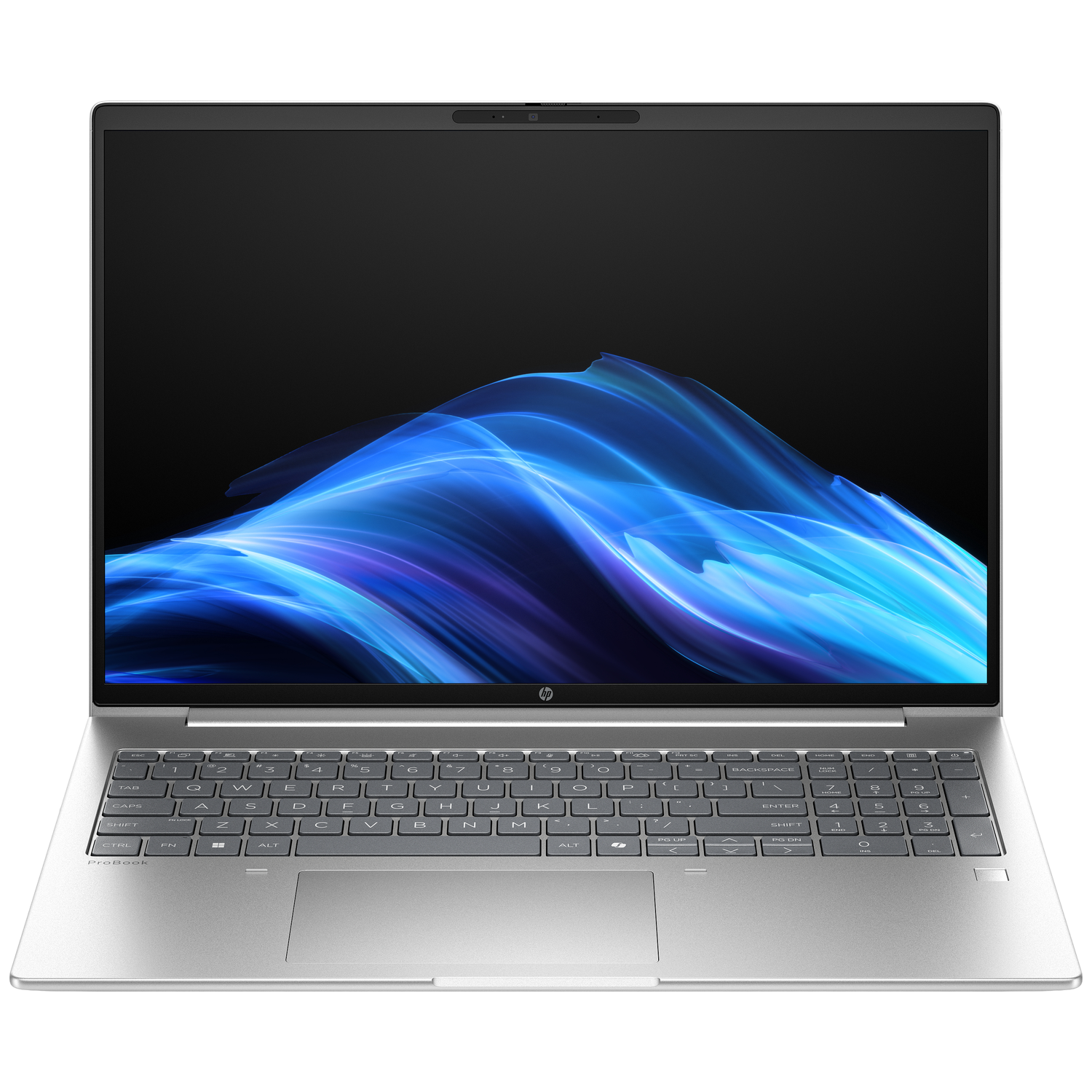 Een zilveren laptop met een abstracte blauwe achtergrond op het scherm.