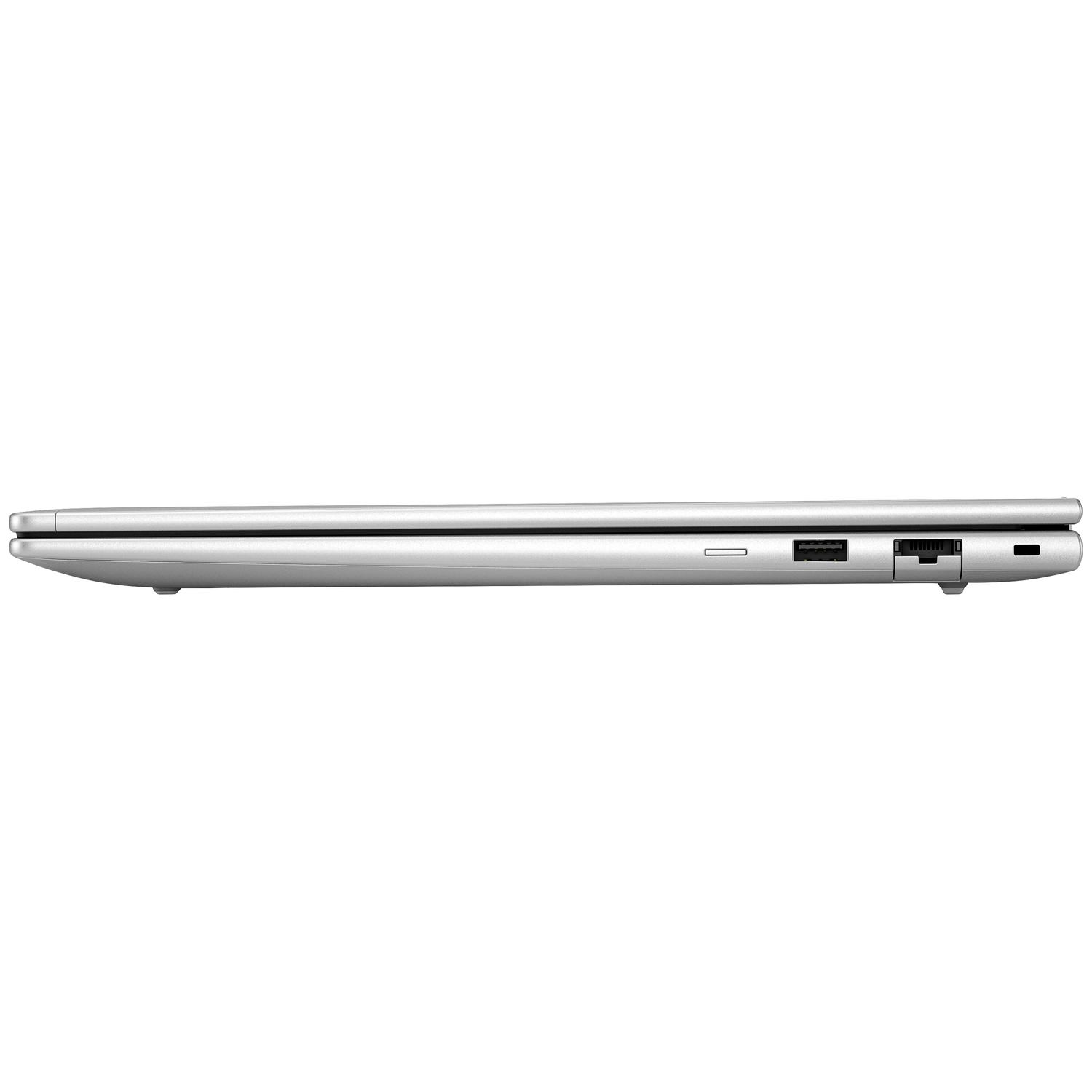 Zilver profiel laptop met USB-poorten en SD-kaartlezer.