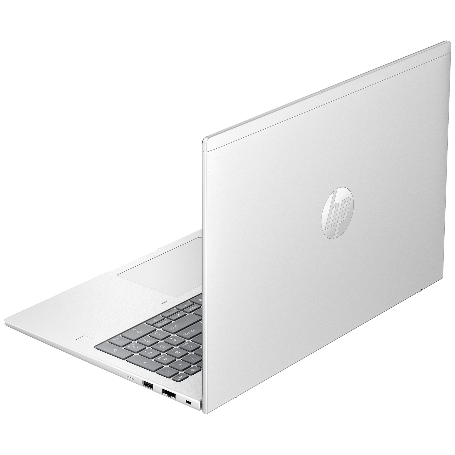 Een zilveren laptop met HP-logo, van achteren en links getoond.