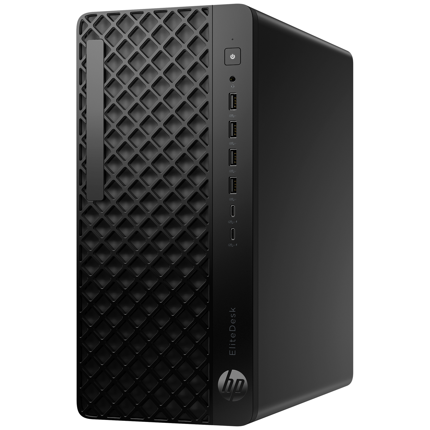A black HP EliteDesk computer tower with a textured front panel and USB ports.