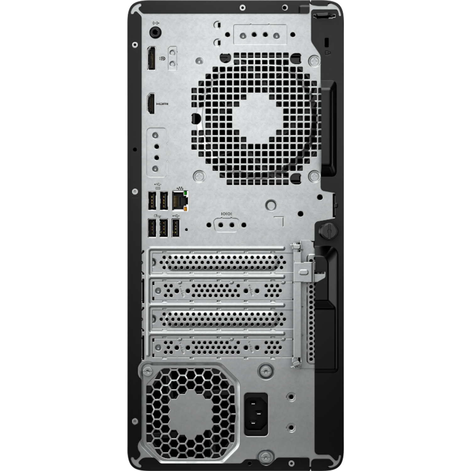 Rear view of a computer tower showing ports, vents, and expansion slots.