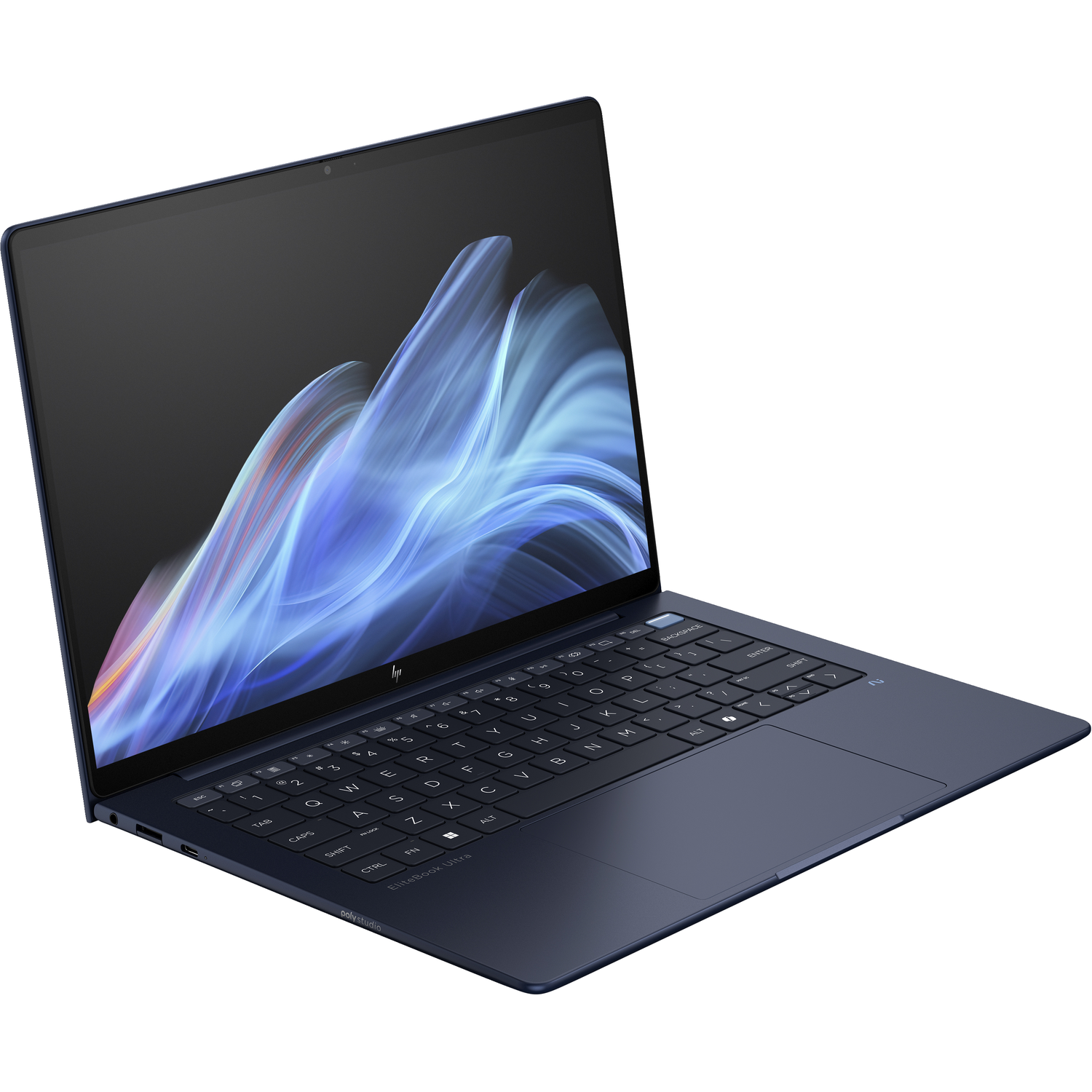 Een donkerblauwe laptop met verlicht toetsenbord en abstracte achtergrondafbeelding.