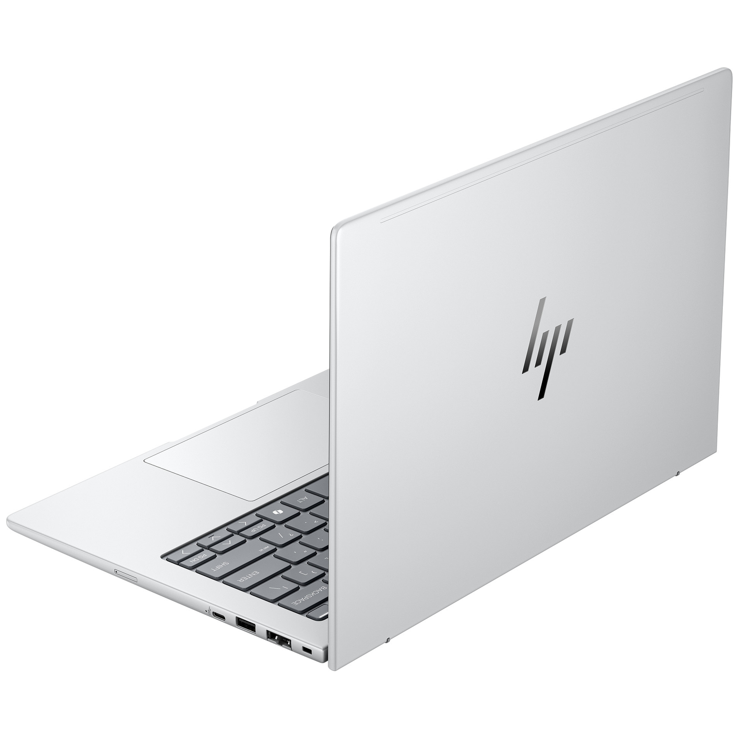 A closed silver HP laptop viewed from the side, with logo on the lid.