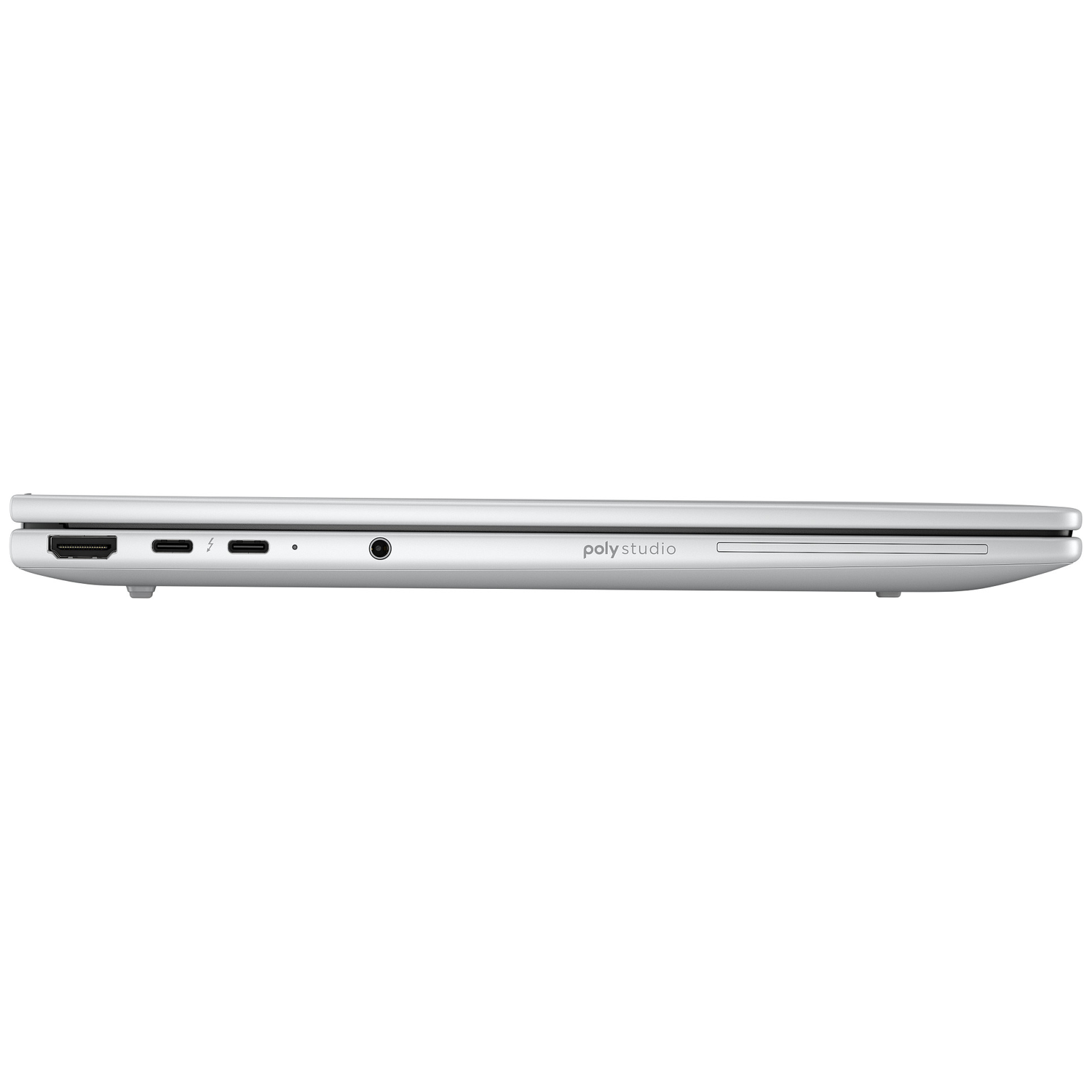 Silver Poly Studio laptop shown from the side with ports.