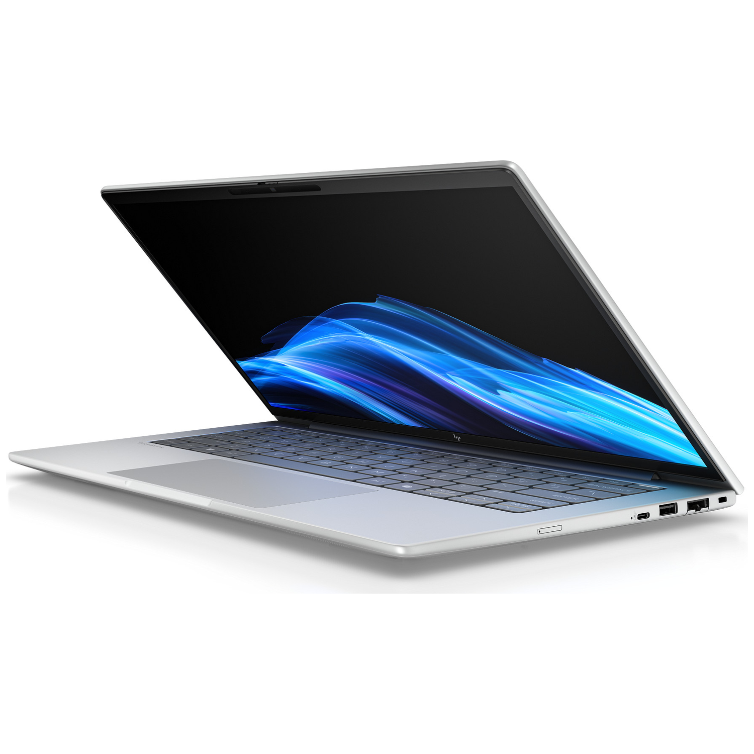 An open silver laptop with a blue abstract background on its screen.