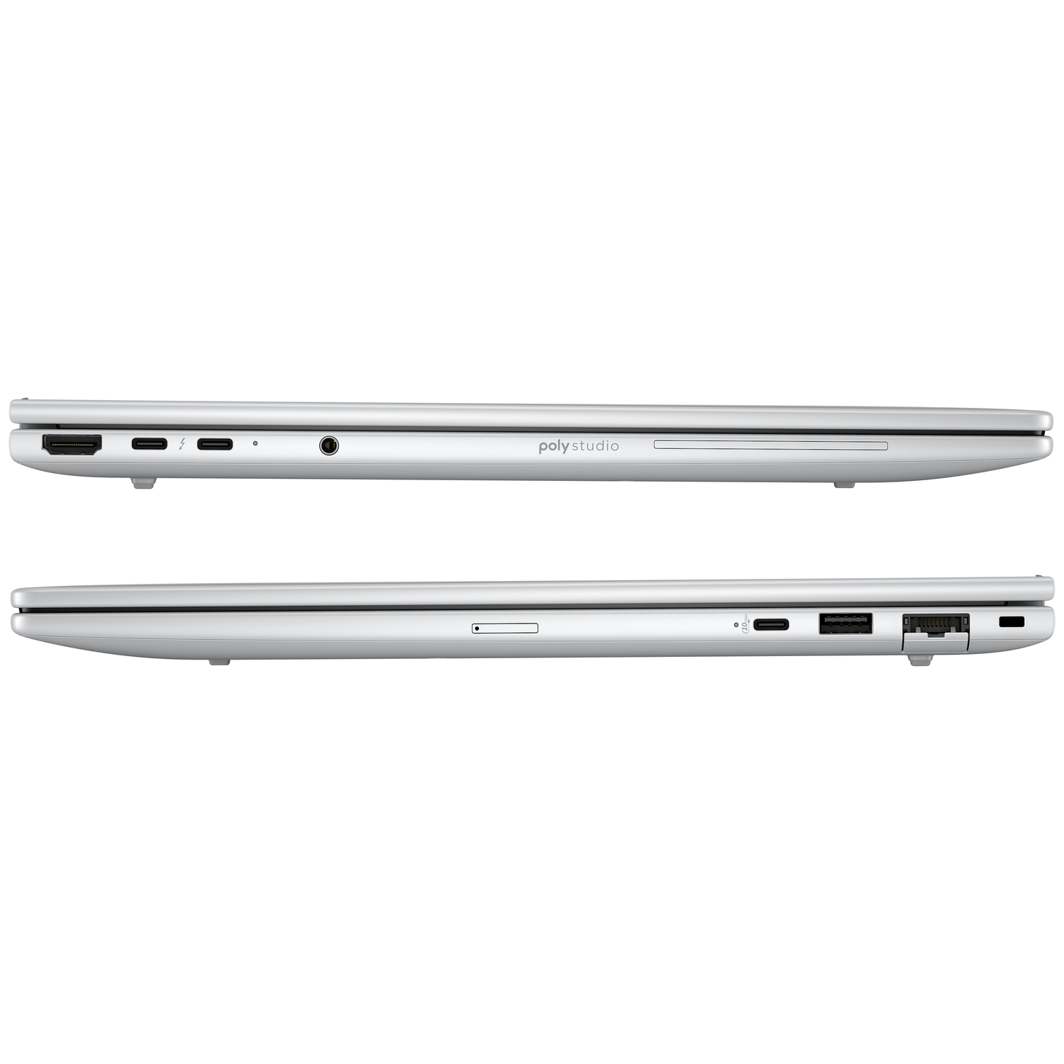 Zilveren laptop met poorten: HDMI, USB-C, koptelefoonaansluiting, SD-kaartlezer, USB-A, Ethernet.