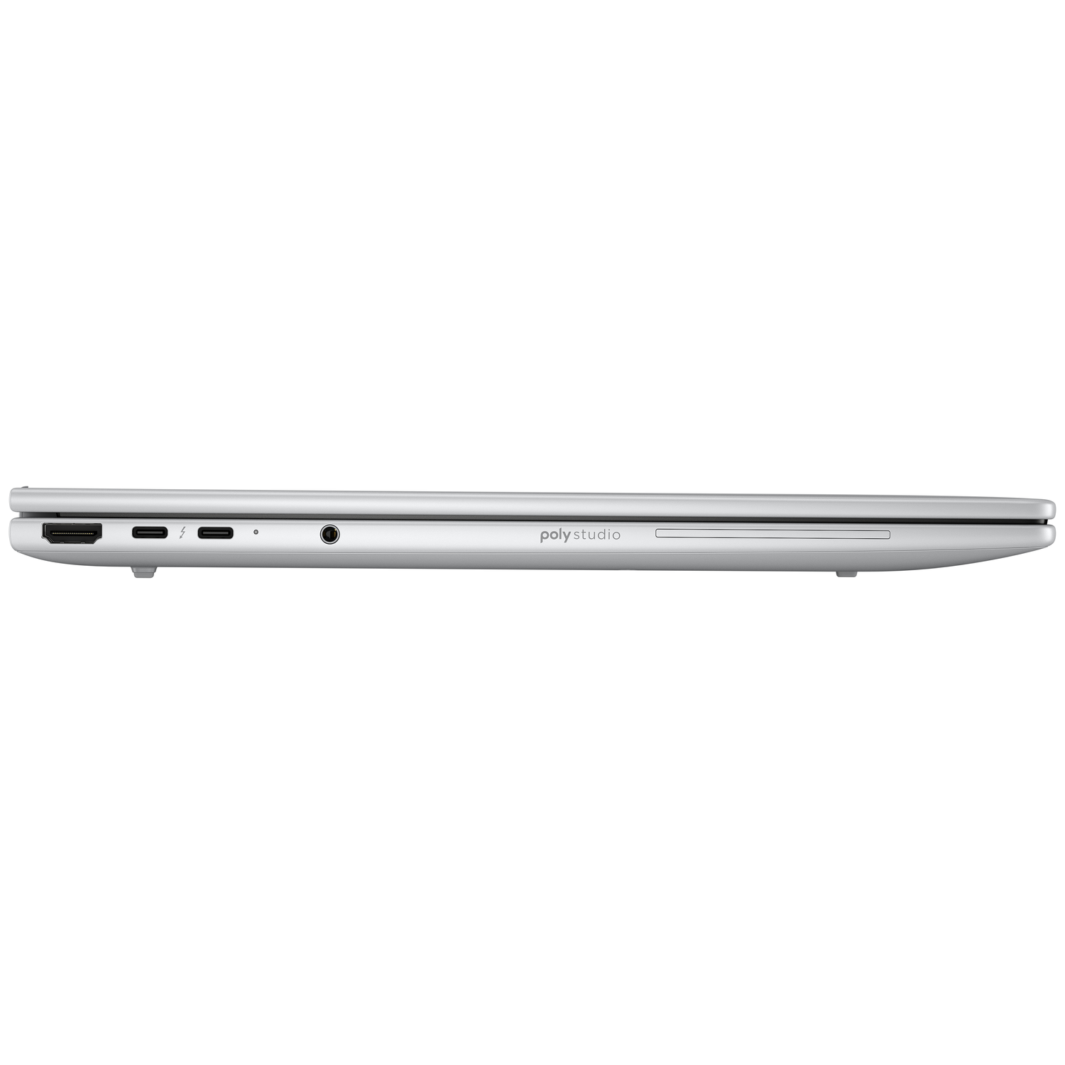 Zilveren laptop zijaanzicht met poorten: HDMI, Thunderbolt, audiojack. "poly studio" logo.