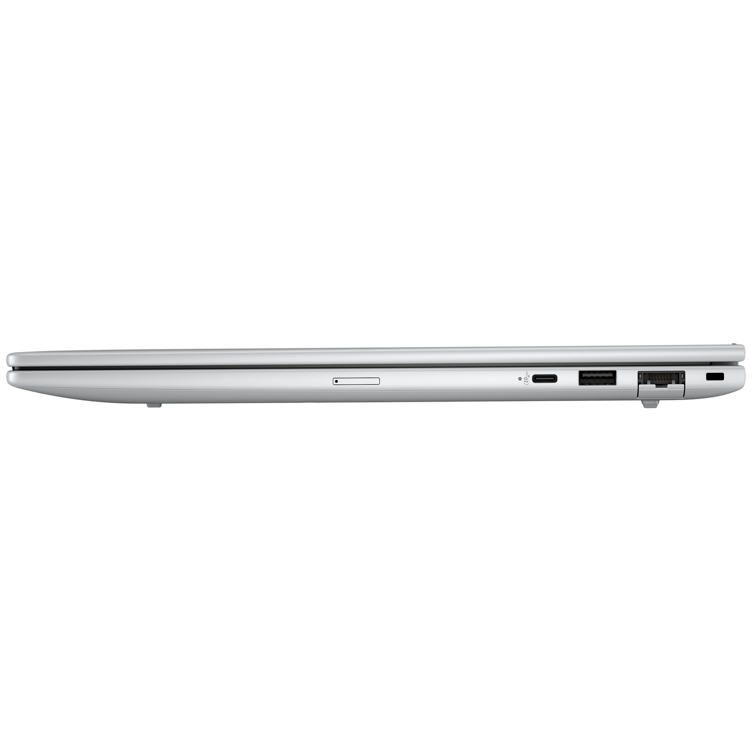 Zijde van zilveren laptop met poorten: SD-kaartlezer, USB-C, USB-A, HDMI.