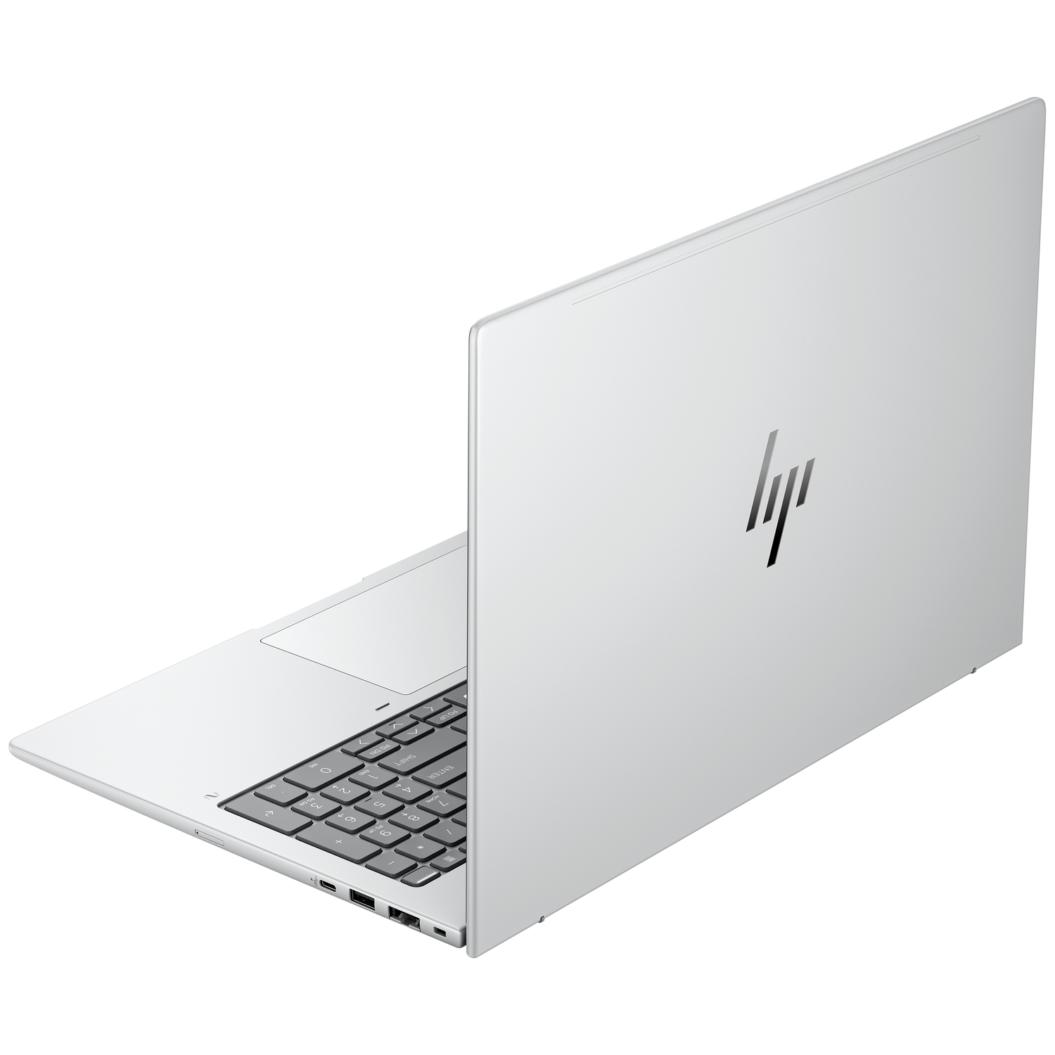 Een zilveren HP laptop met verlicht toetsenbord, van opzij gezien.