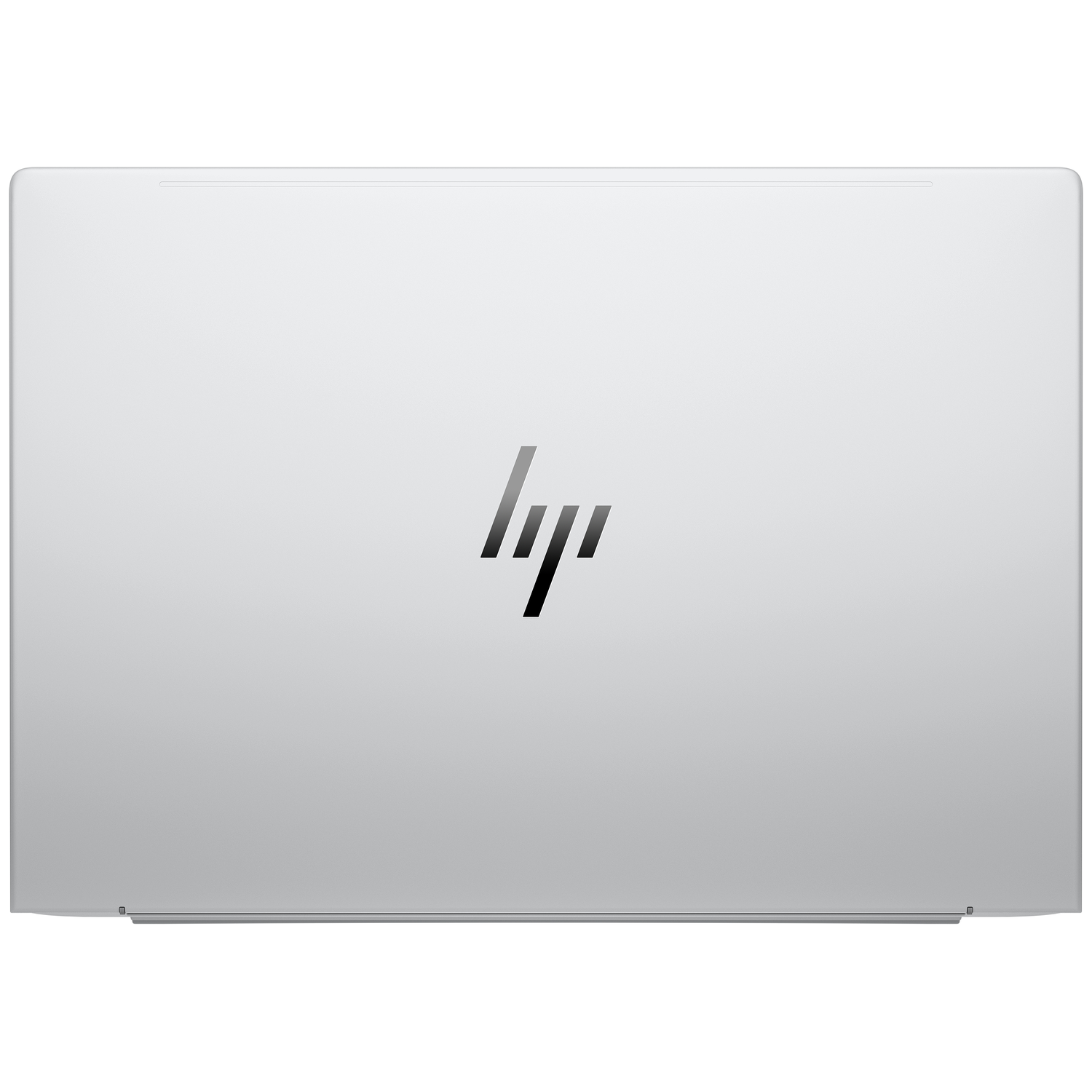 Gesloten zilveren laptop met zwart HP-logo in het midden.