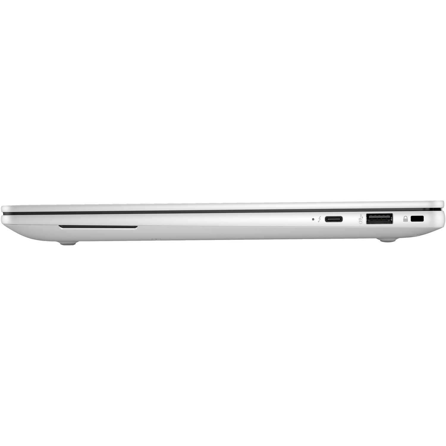 Zijaanzicht van een witte laptop met USB-C, USB-A en vergrendelingspoorten.