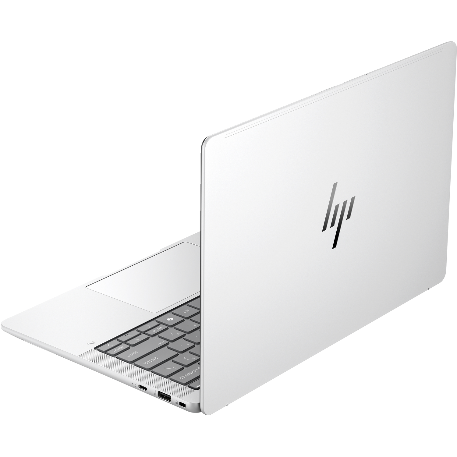 Een witte HP laptop, gedeeltelijk open, met het HP logo op de klep.