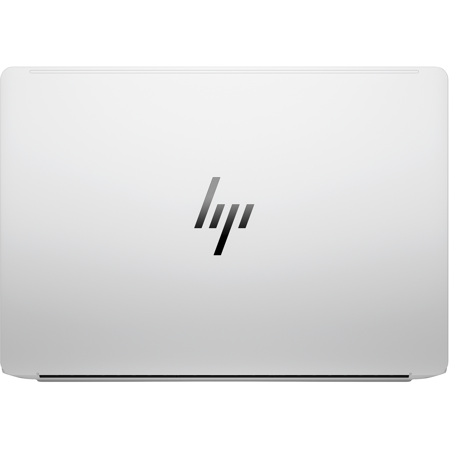 Een witte laptop met het zwarte HP-logo in het midden.