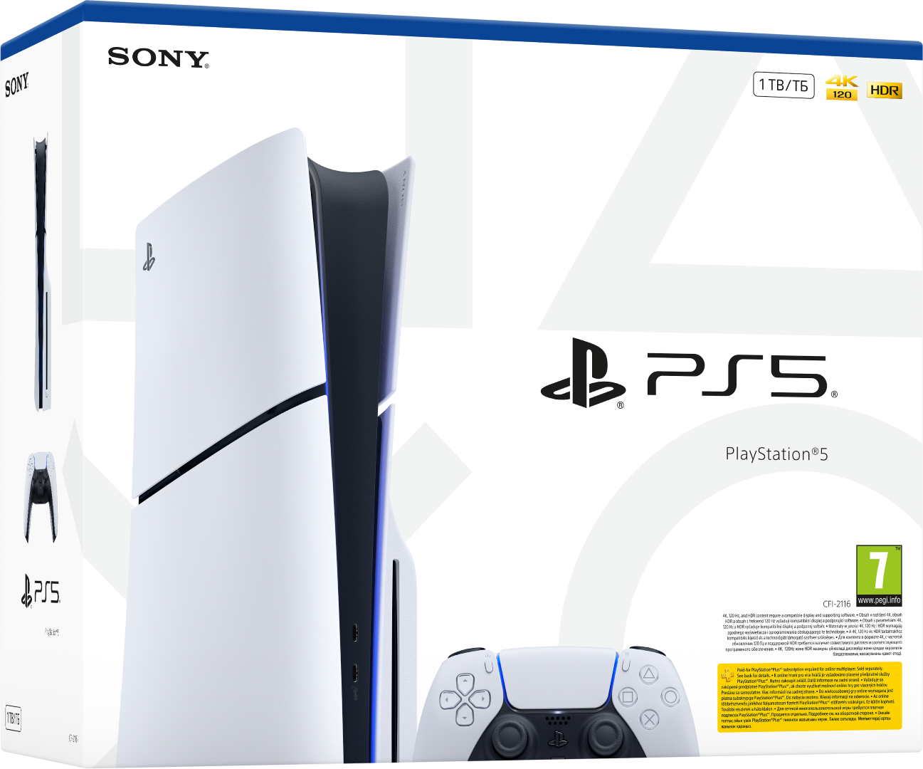Pudełko Sony PlayStation 5 z konsolą i kontrolerem.