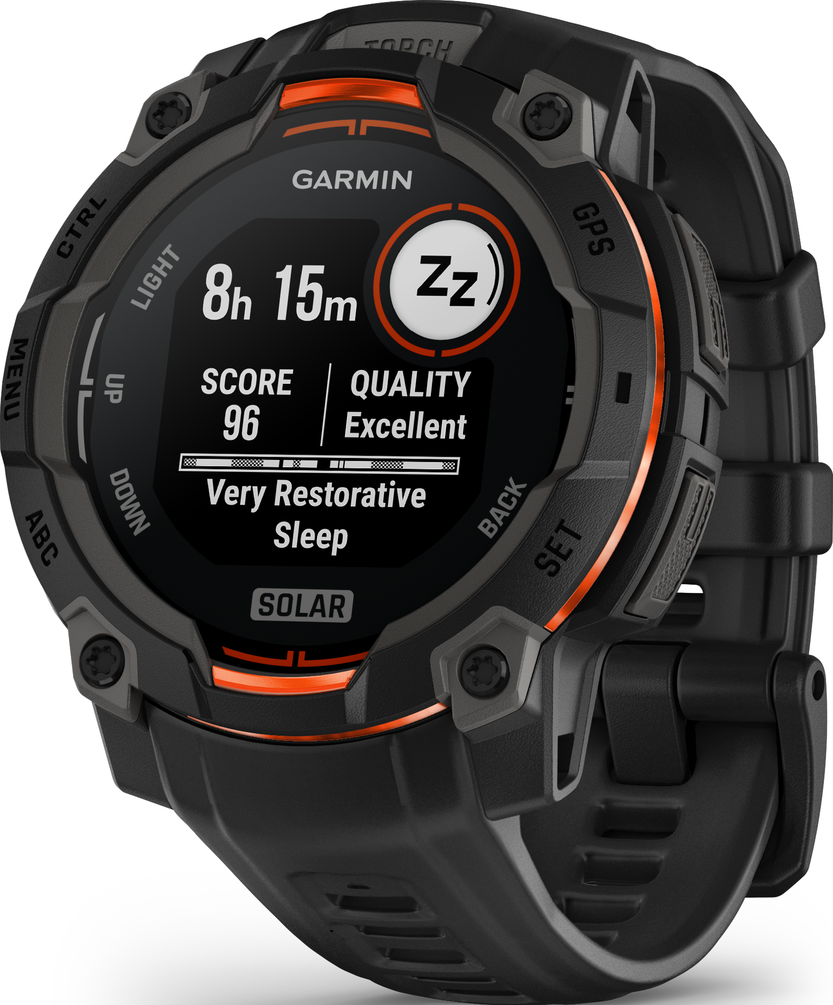 Orologio Garmin mostra 8h 15m sonno, punteggio 96, qualità Eccellente.
