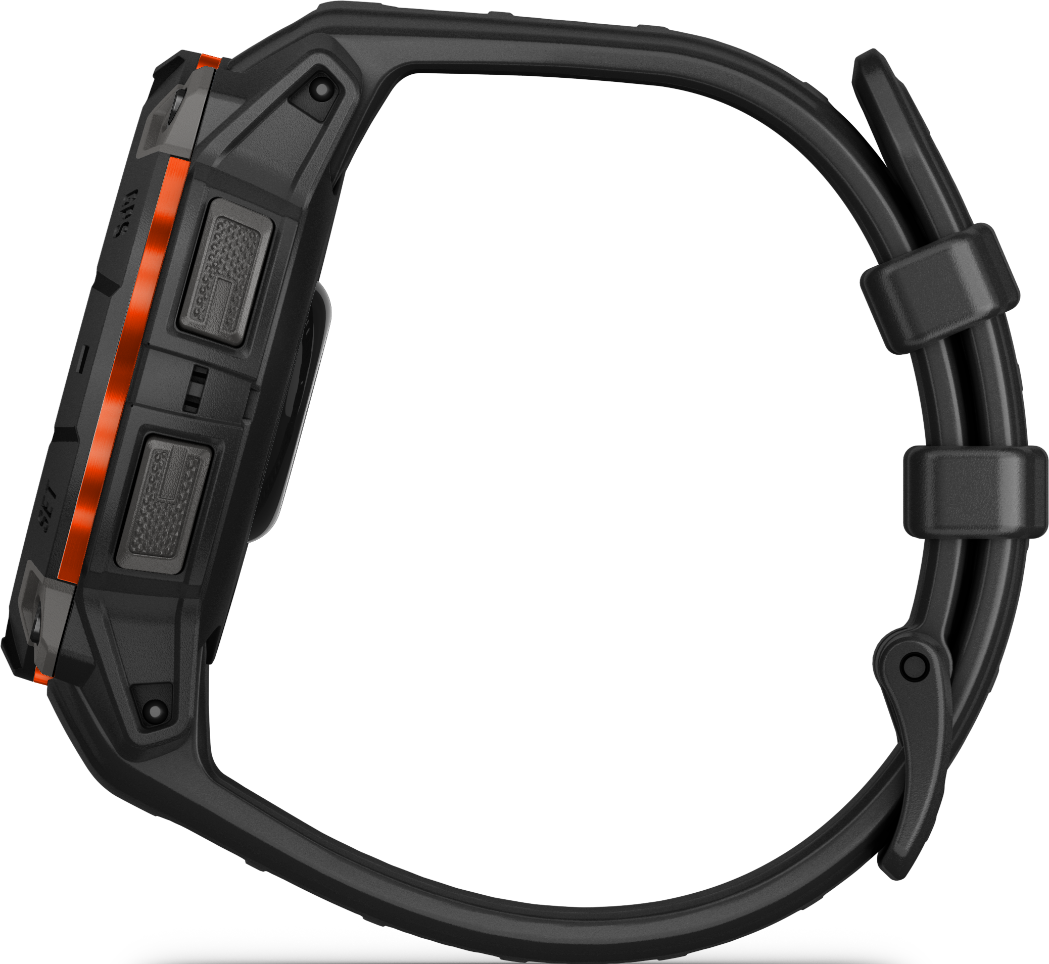 Smartwatch nero con accenti arancioni e pulsanti sul lato.