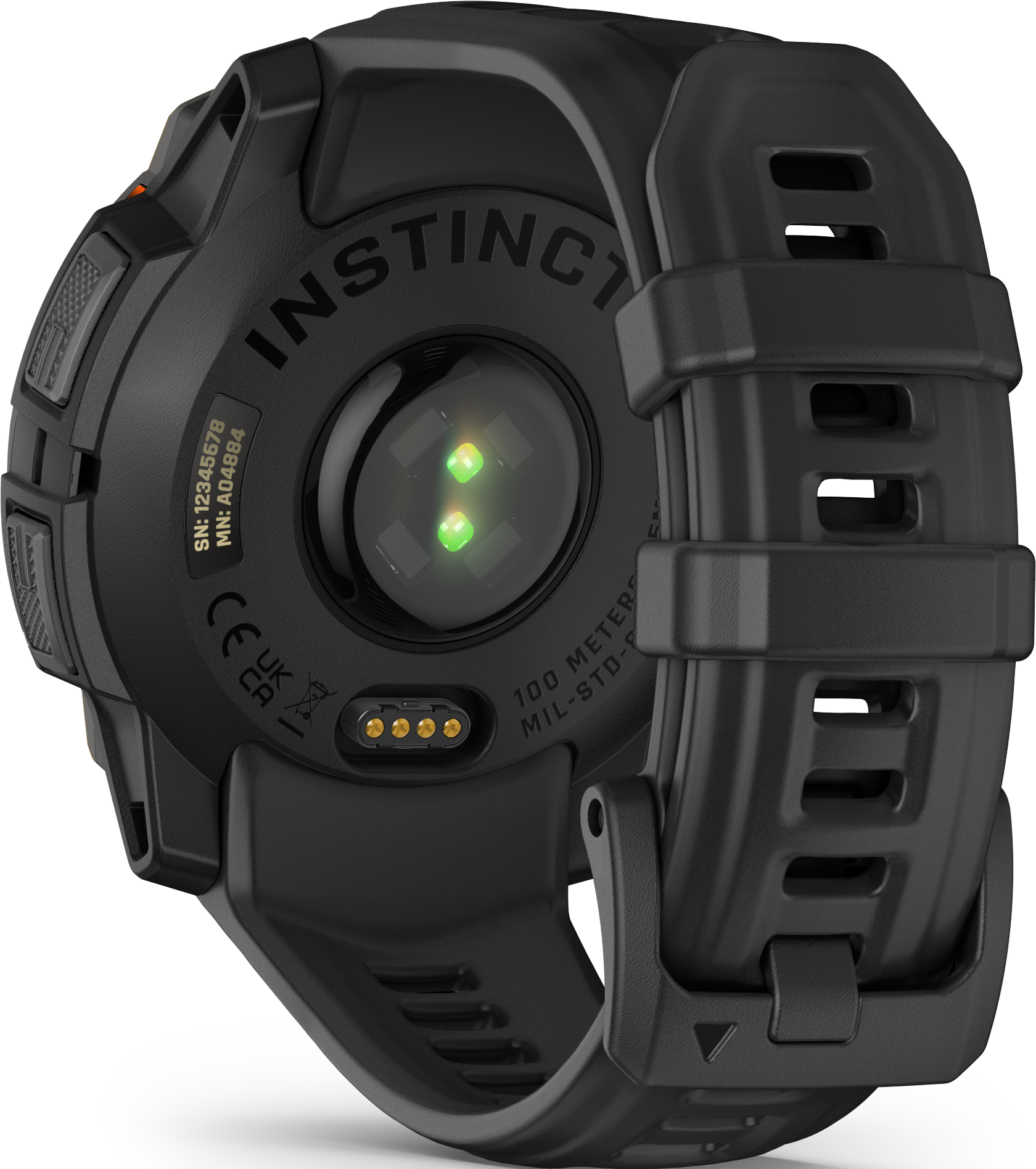 Smartwatch nero con sensore di frequenza cardiaca e pin di ricarica.