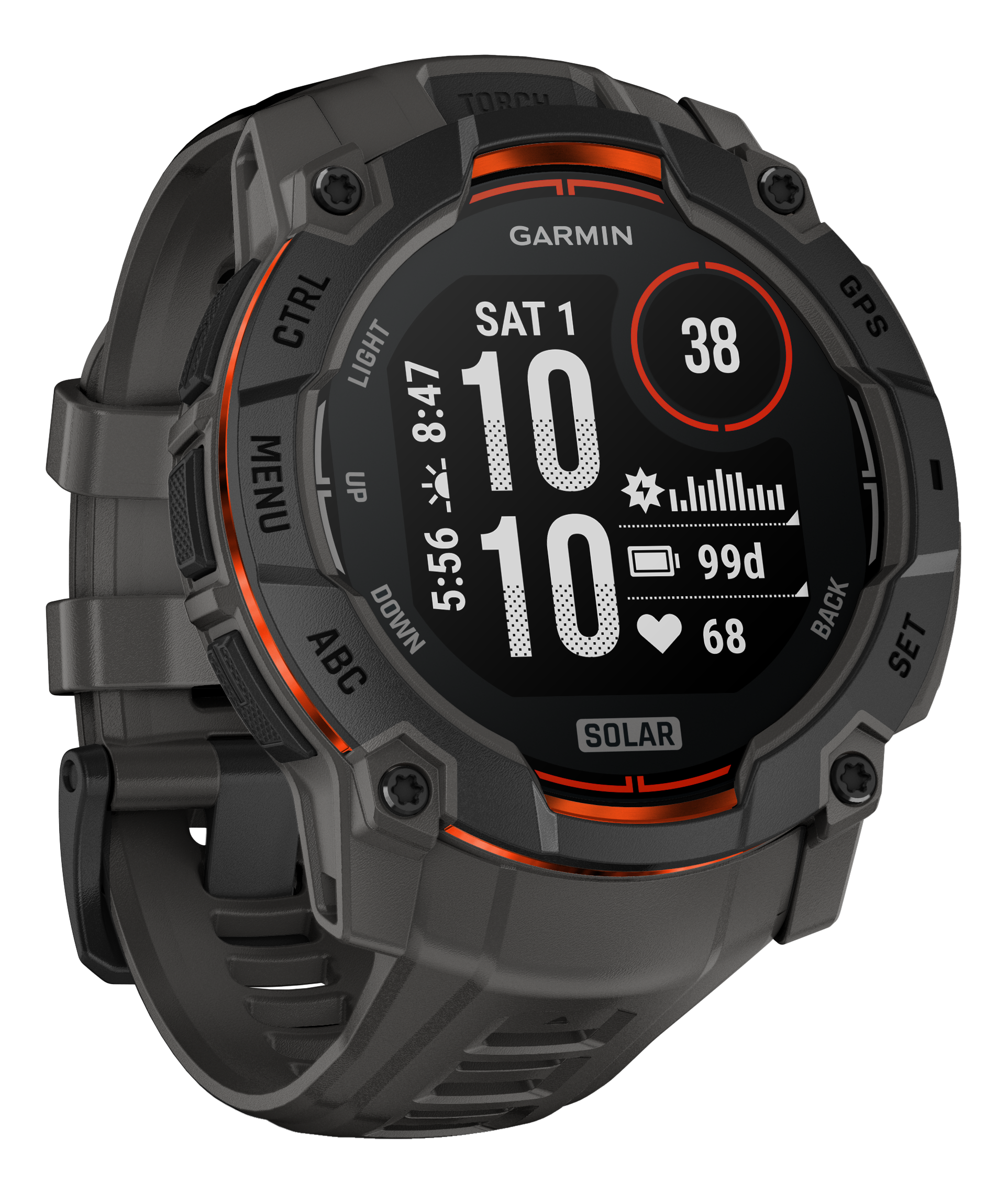 Montre connectée Garmin grise avec accents orange affichant l'heure et des données.