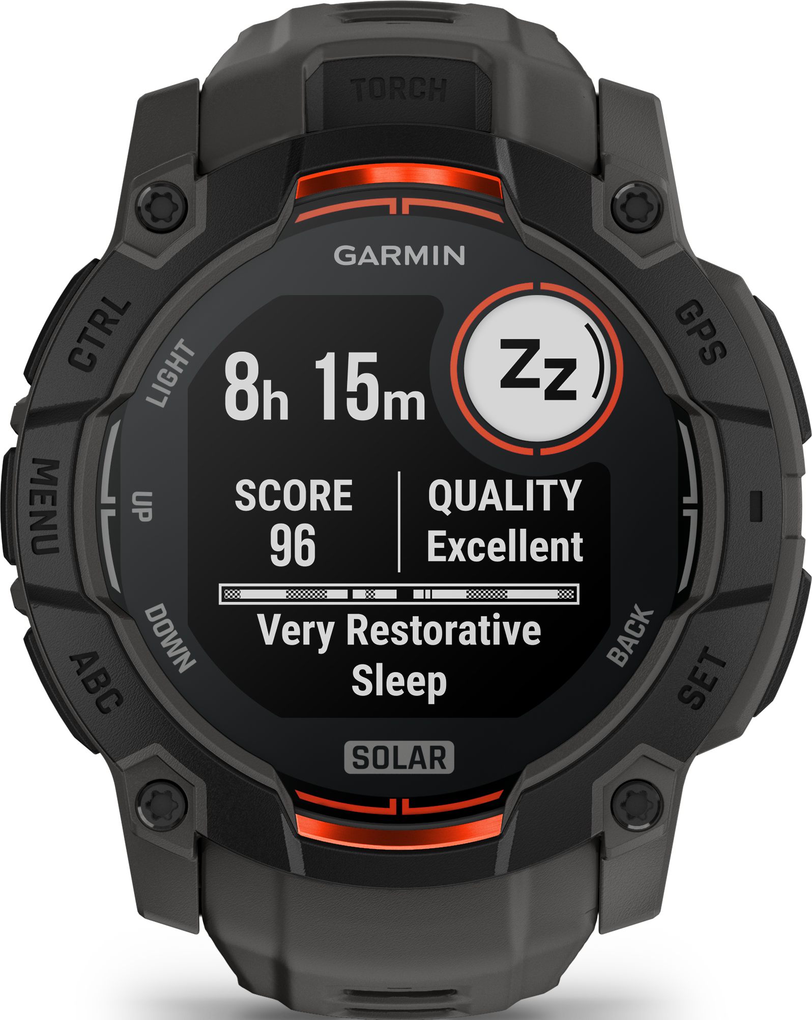 Une montre Garmin affiche 8h 15m de sommeil, score 96, excellente qualité.