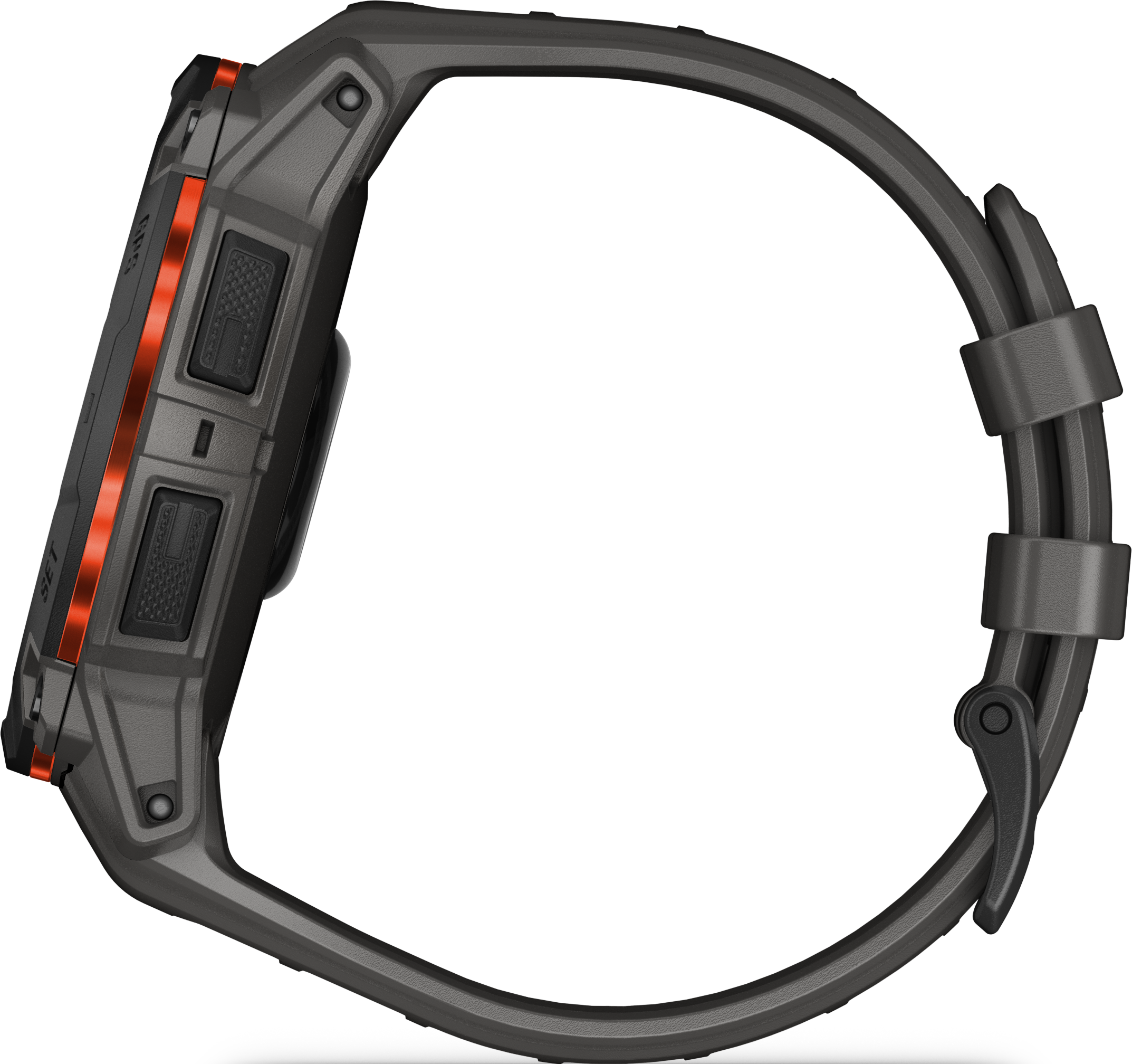 Montre connectée grise avec accents et boutons orange, vue de côté.