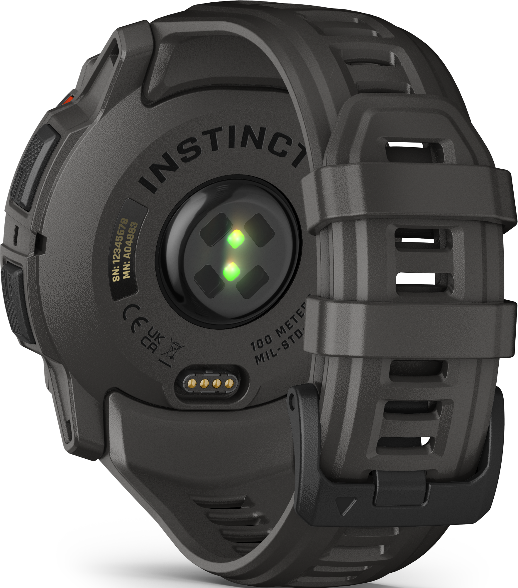 Vue arrière d'une montre connectée grise avec capteur de fréquence cardiaque et contacts de charge.