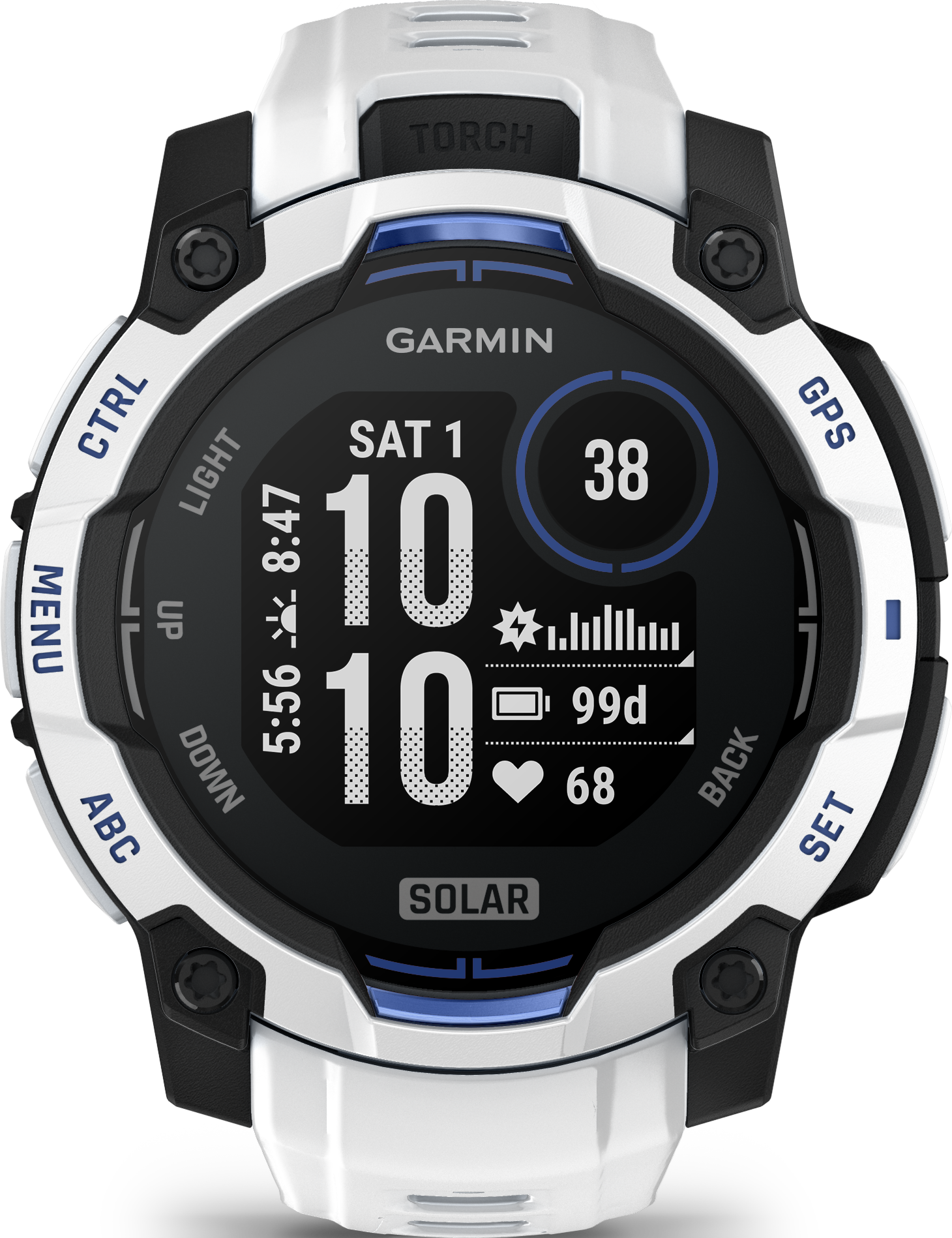 Une montre connectée Garmin blanche avec cadran noir affichant l'heure et des stats.