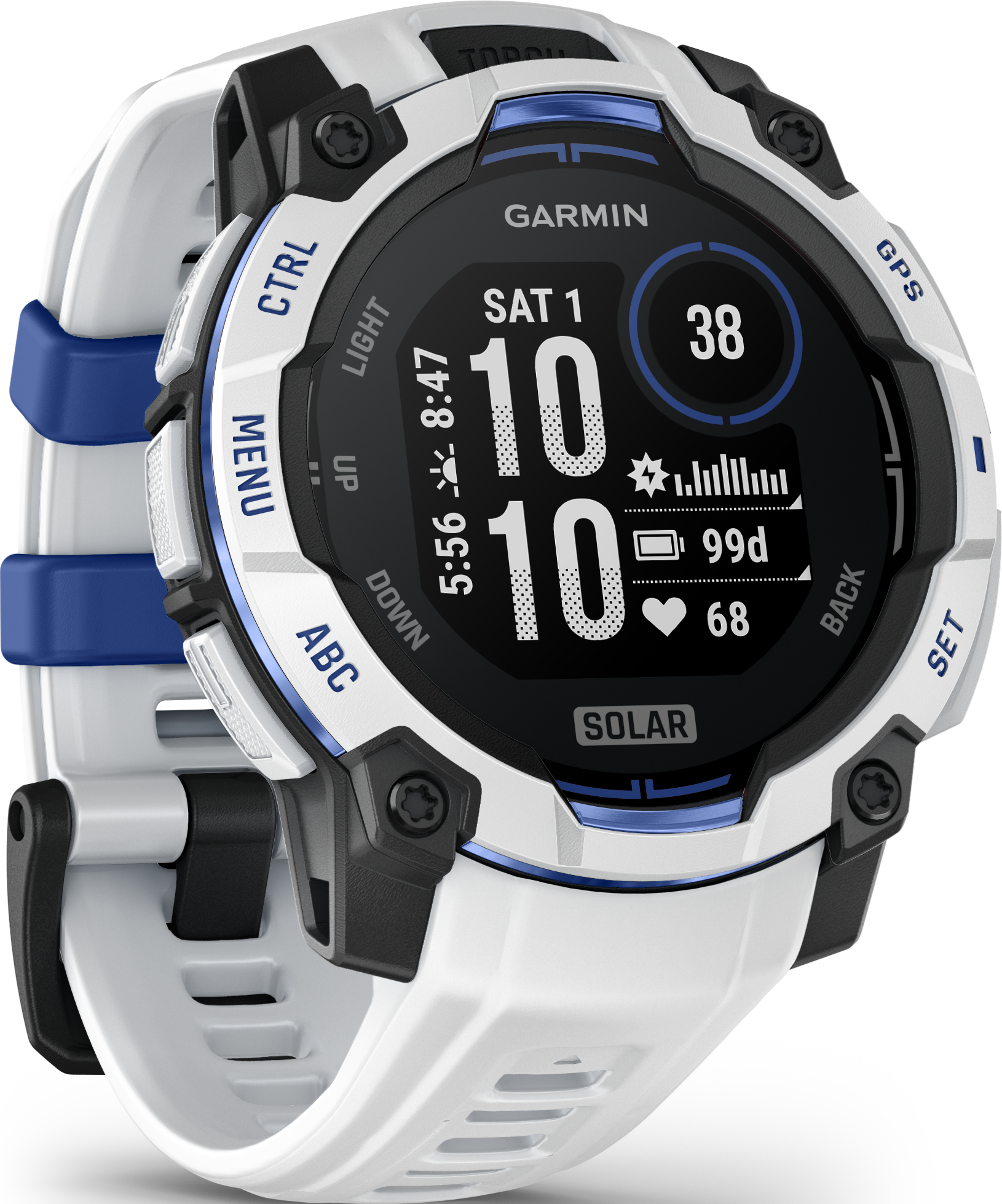 Une montre connectée Garmin blanche avec des accents bleus et noirs, affichage de charge solaire et données numériques.