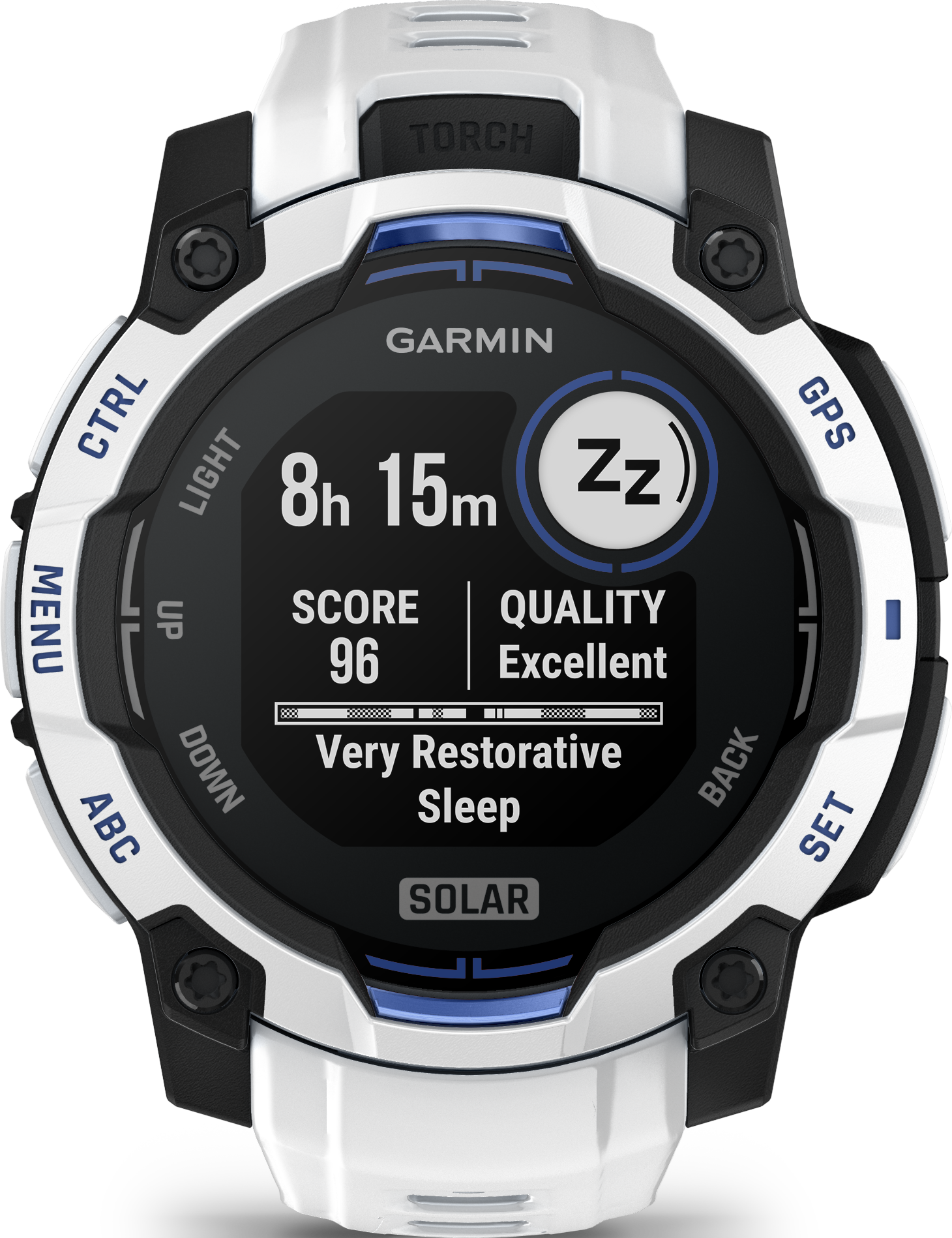 Montre Garmin affiche 8h 15m de sommeil, score 96, excellente qualité.