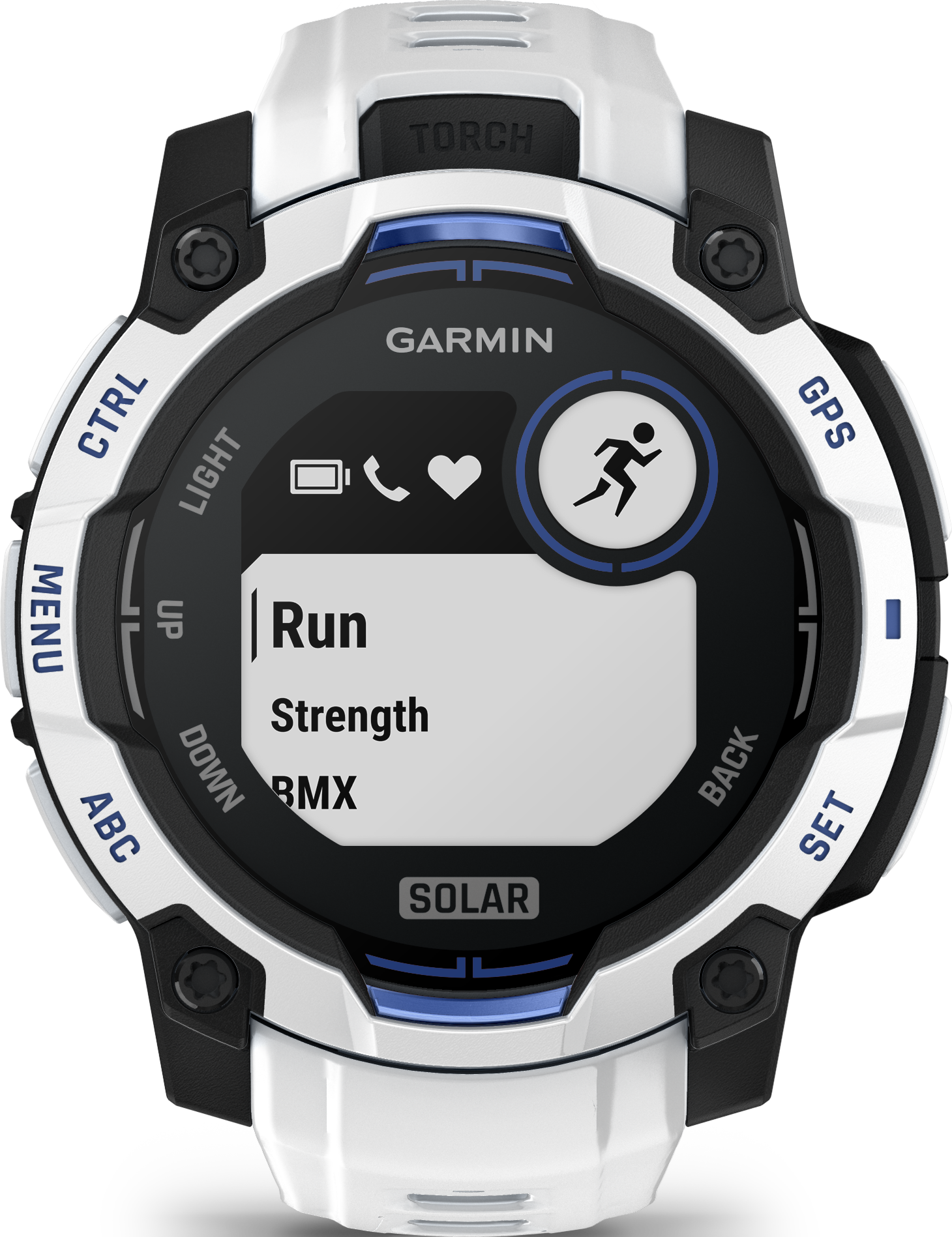 Une montre connectée Garmin blanche avec écran noir affichant 'Run' et icônes.