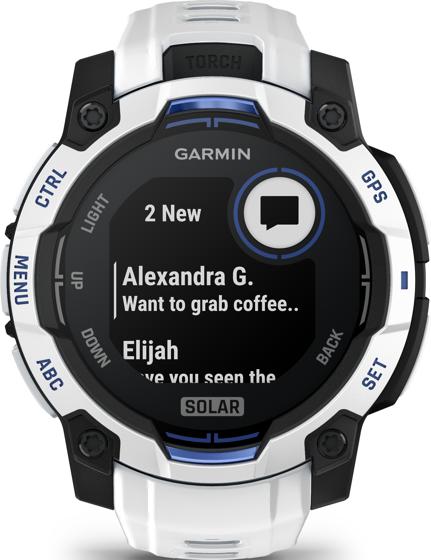 Montre connectée Garmin avec accents blancs et noirs, affichant des messages d'Alexandra et Elijah.
