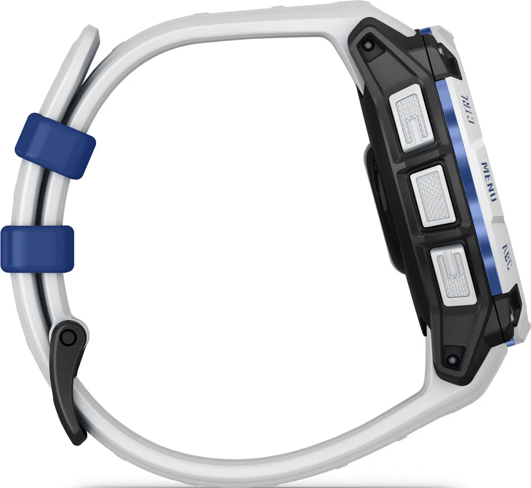 Montre connectée blanche avec bracelet bleu et accents noirs, trois boutons.
