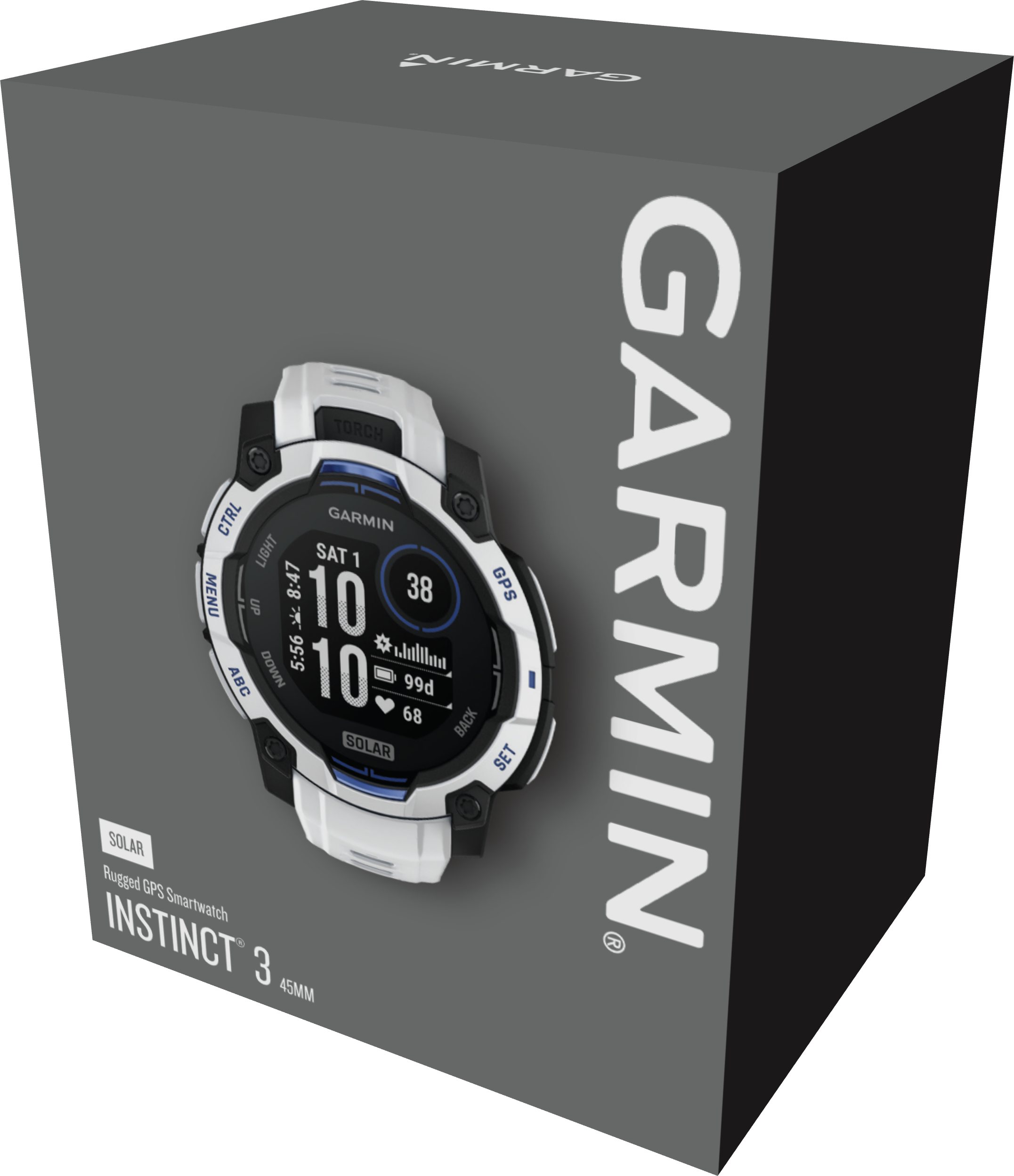 Montre connectée blanche Garmin Instinct 3 sur boîte grise. GPS, Solaire.
