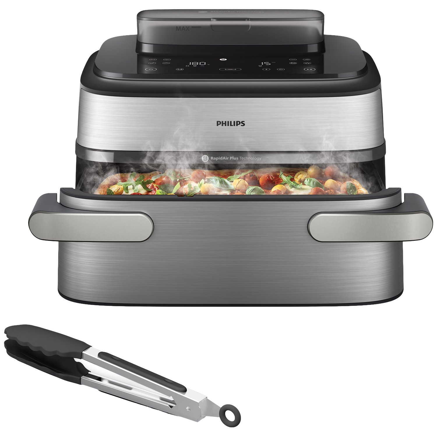 Philips Airfryer Megabasket Met Stoomfunctie 5000-serie – NA565/02 – PFAS vrij - Enkele mand óf Dubbele Mand - SteamClean – 9,5L – Tot 8 Personen – Inclusief Tang