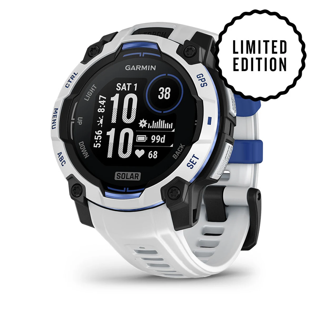 Montre Garmin Instinct 2 Solar blanche avec accents noirs et bleus et étiquette 'LIMITED EDITION'.