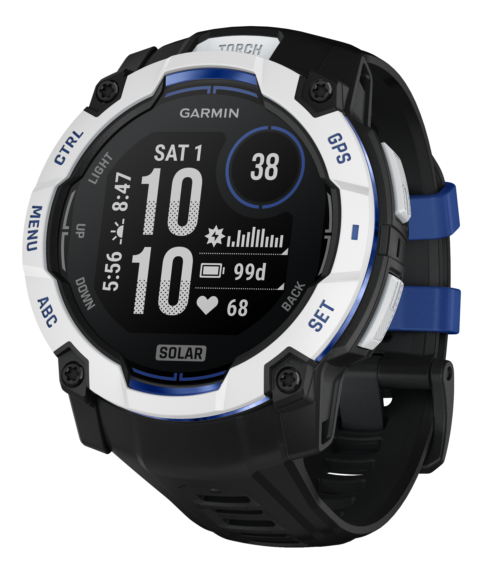 Uno smartwatch Garmin nero con accenti bianchi e cinturini blu.