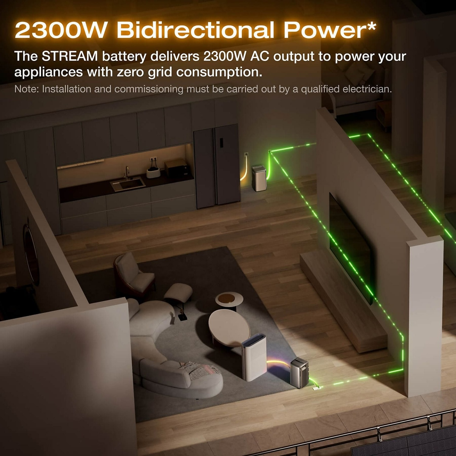 Modern living room with STREAM battery powering appliances via green light.