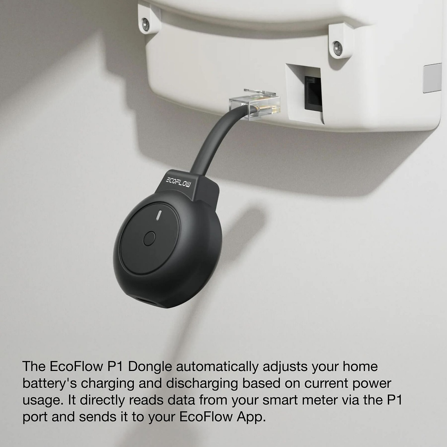 A black EcoFlow P1 Dongle connects to a white device.