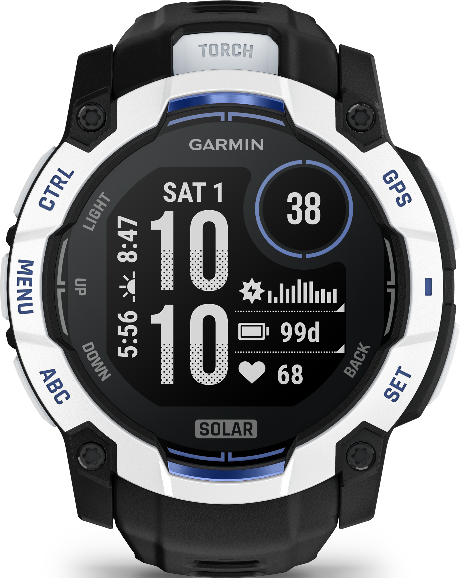 Uno smartwatch Garmin nero con accenti bianchi e blu. Mostra ora, data, batteria e battito cardiaco.