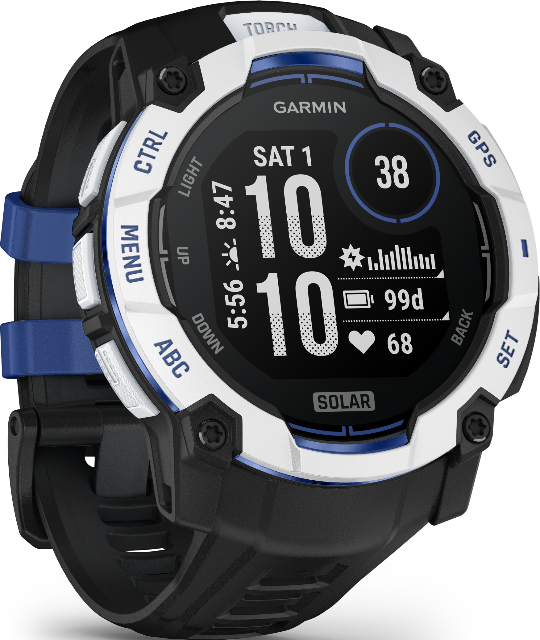 Smartwatch Garmin con cinturino nero, ghiera bianca e ricarica solare.
