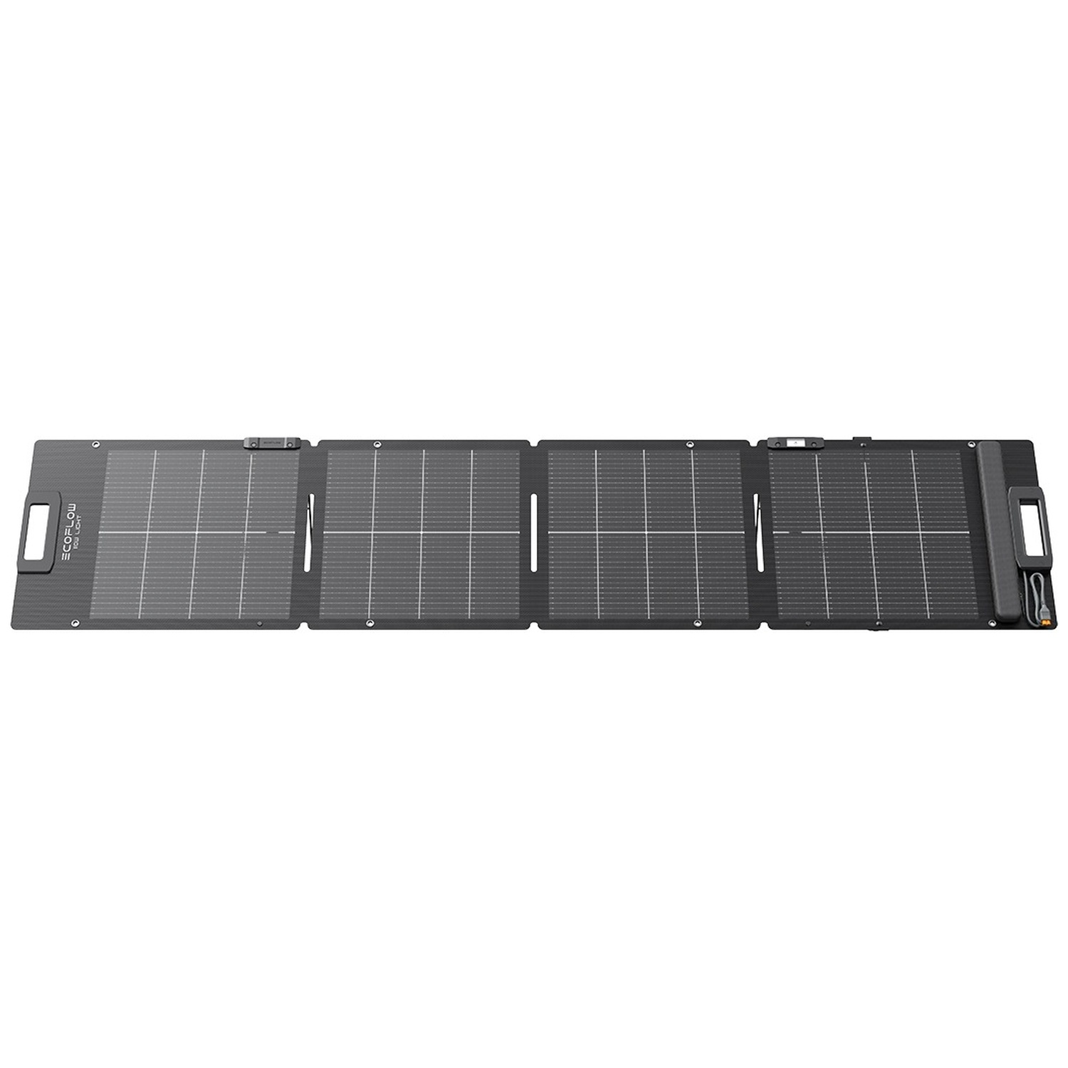 An unfolded, dark solar panel with four segments and carrying handles.