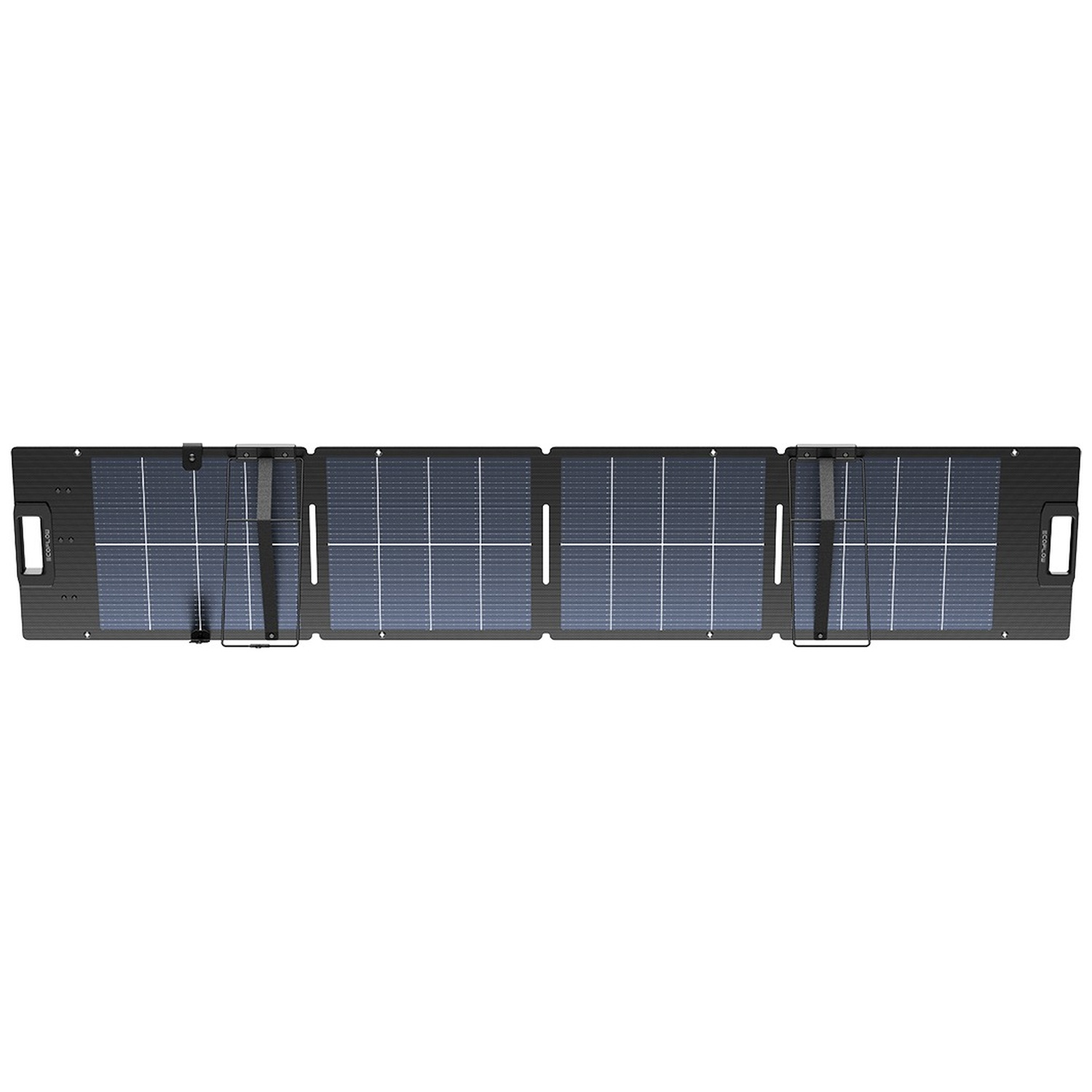 A foldable solar panel with a dark frame and blue solar cells.