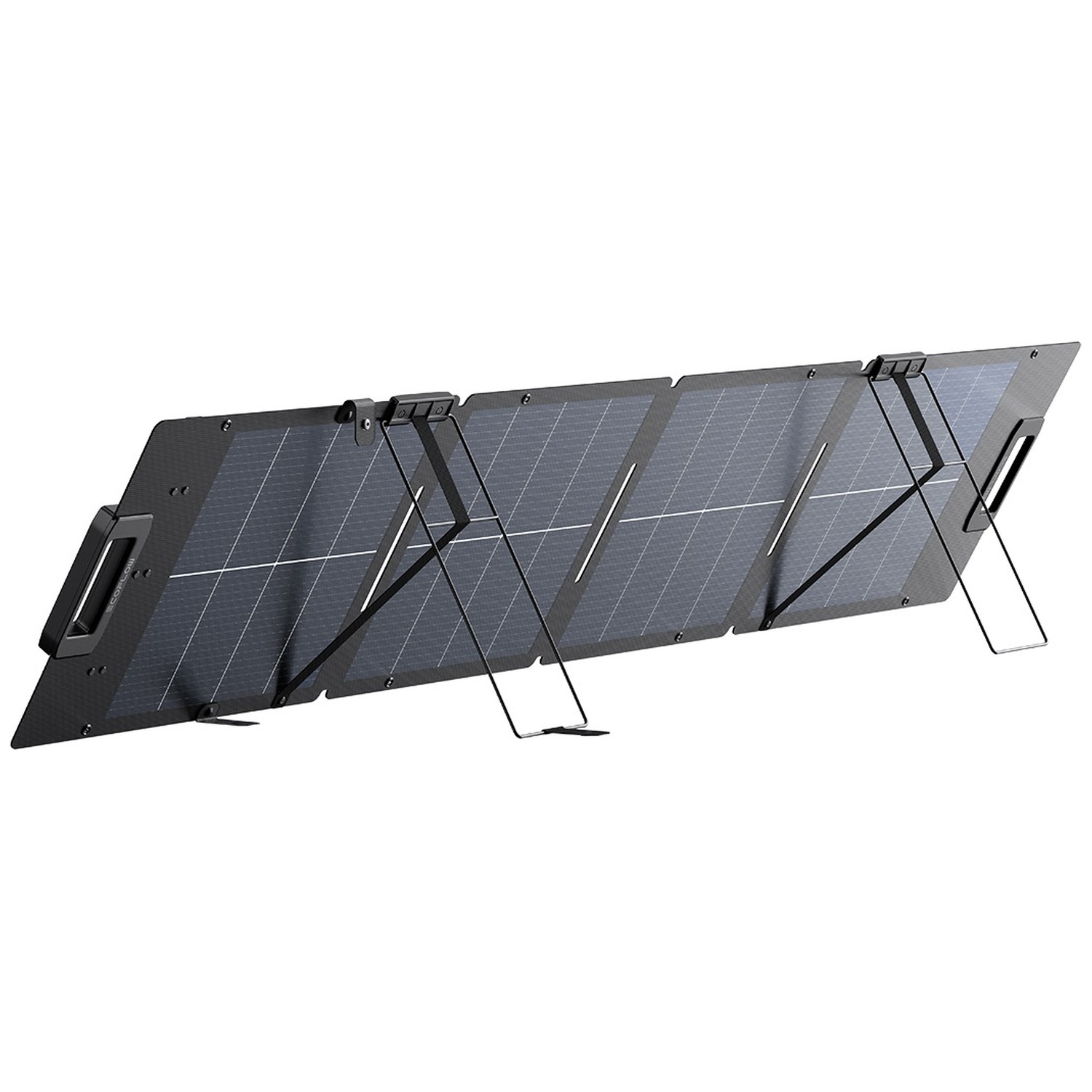 A four-panel foldable portable solar panel set up on a white background.