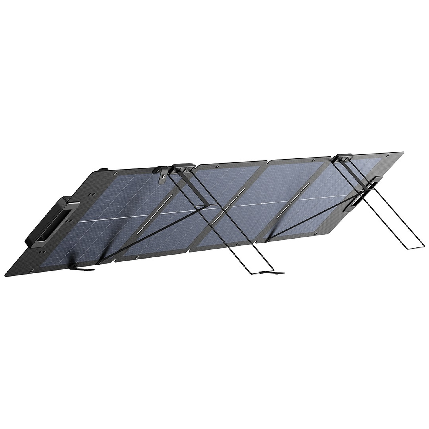 A foldable solar panel with four segments, on a white background.